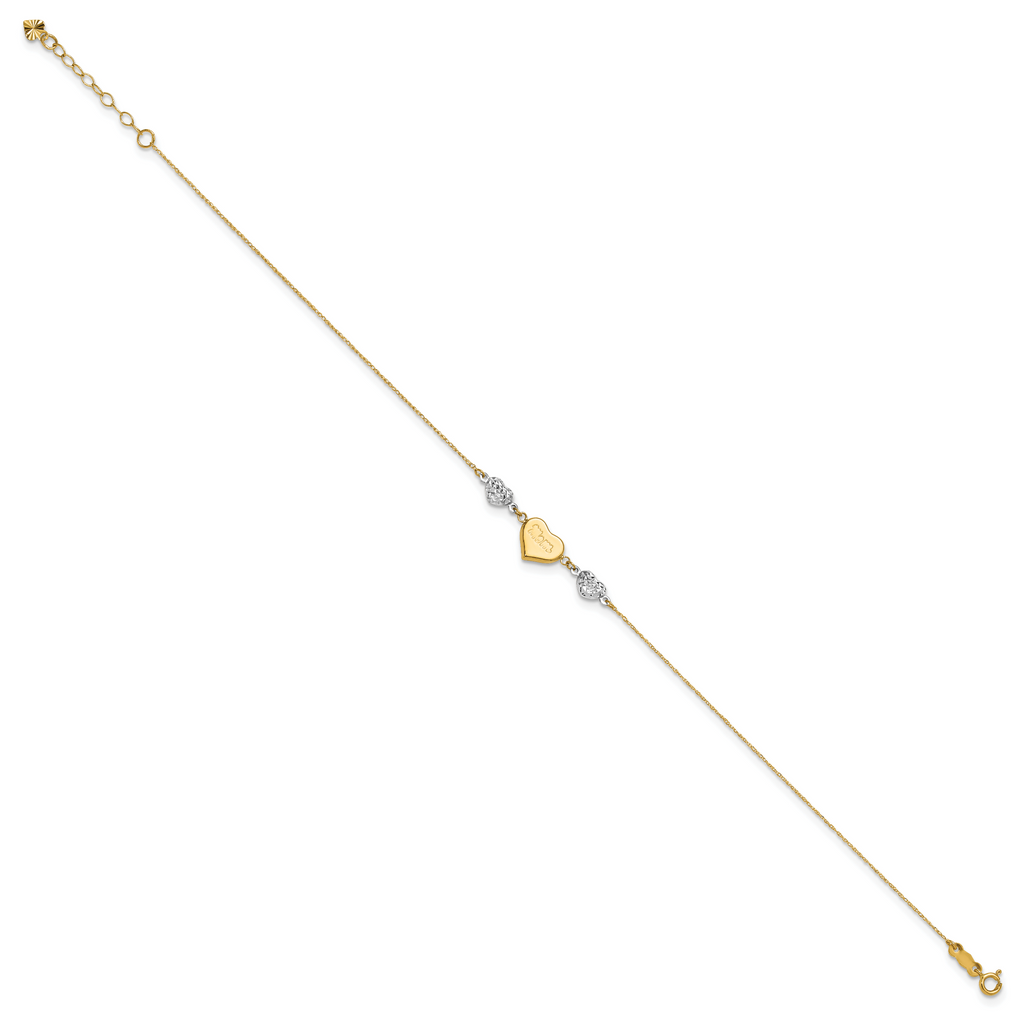 14K Two-tone Diamond-cut and MOM Puffed Heart 9 inch Plus 1 inch Extender - Total 10 inch Anklet - Sophia Jewelers