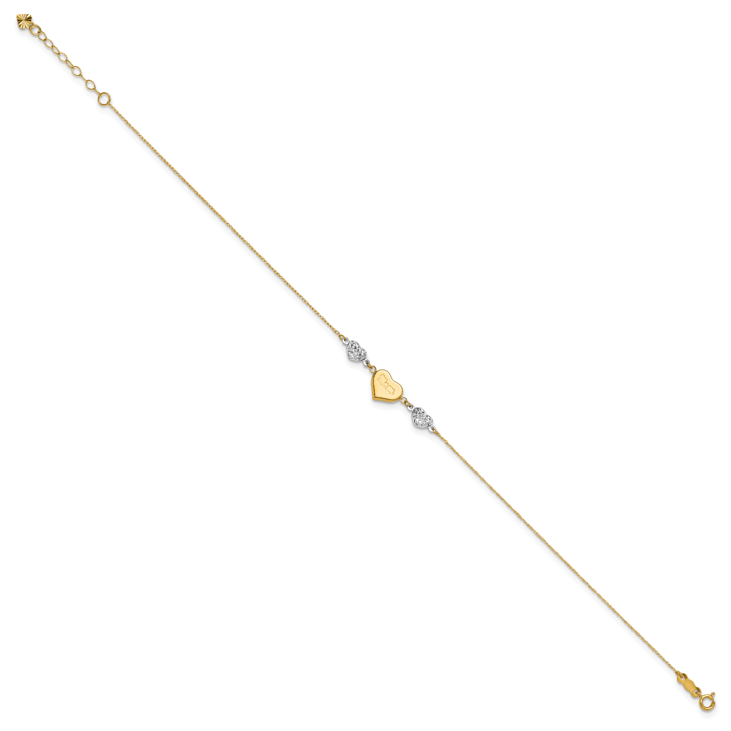 14K Two-tone Diamond-cut and MOM Puffed Heart 9 inch Plus 1 inch Extender - Total 10 inch Anklet - Sophia Jewelers