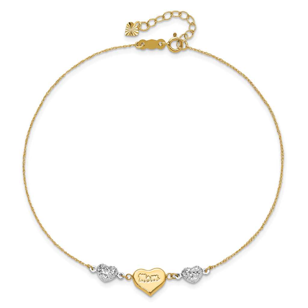 14K Two-tone Diamond-cut and MOM Puffed Heart 9 inch Plus 1 inch Extender - Total 10 inch Anklet - Sophia Jewelers