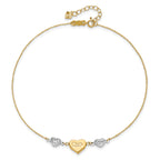 14K Two-tone Diamond-cut and MOM Puffed Heart 9 inch Plus 1 inch Extender - Total 10 inch Anklet - Sophia Jewelers