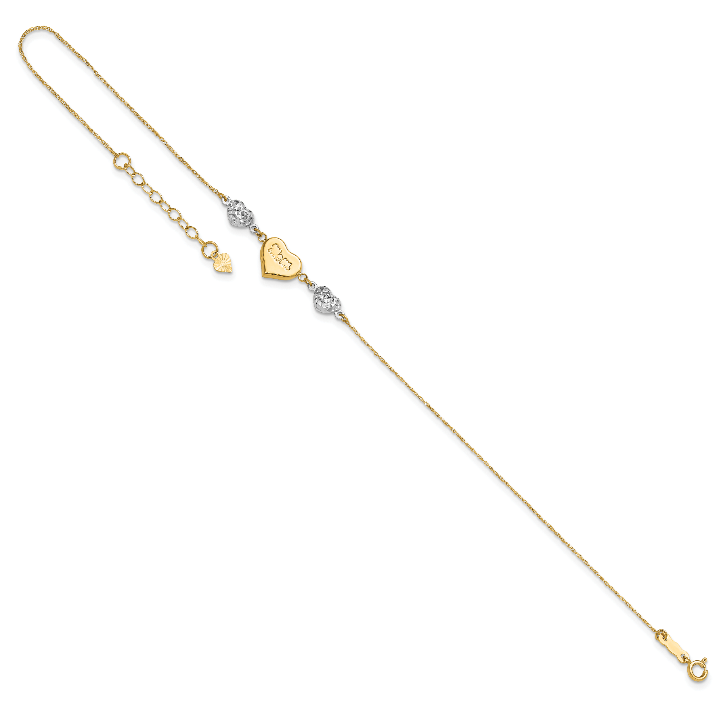 14K Two-tone Diamond-cut and MOM Puffed Heart 9 inch Plus 1 inch Extender - Total 10 inch Anklet - Sophia Jewelers