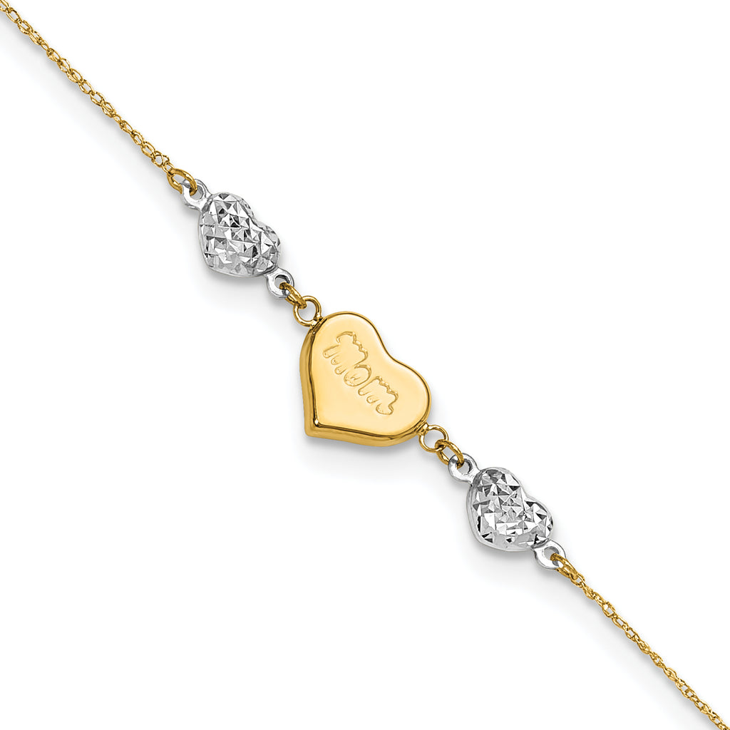 14K Two-tone Diamond-cut and MOM Puffed Heart 9 inch Plus 1 inch Extender - Total 10 inch Anklet - Sophia Jewelers