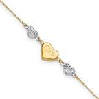 14K Two-tone Diamond-cut and MOM Puffed Heart 9 inch Plus 1 inch Extender - Total 10 inch Anklet - Sophia Jewelers