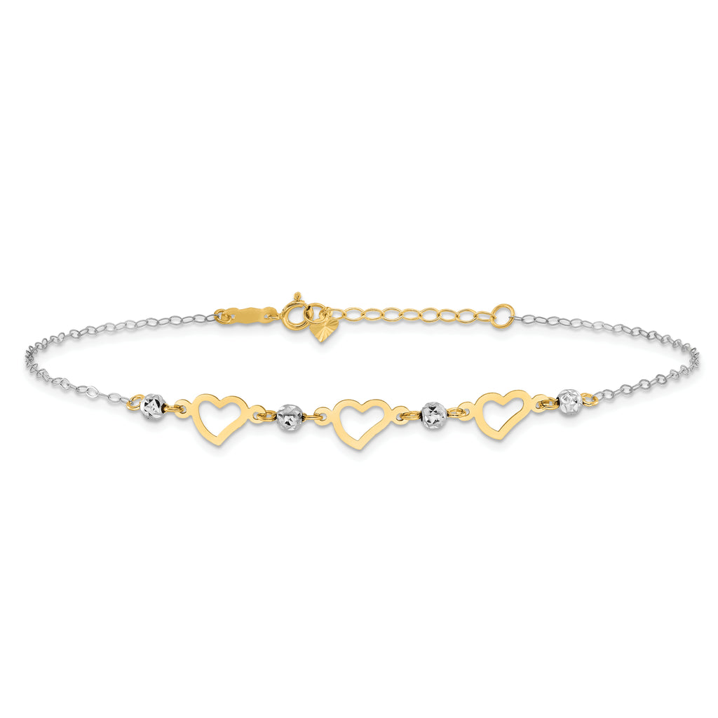 14K Two-tone Three Hearts and Diamond-cut Beads 9 inch Plus 1 inch Extender - Total 10 inch Anklet - Sophia Jewelers