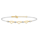 14K Two-tone Three Hearts and Diamond-cut Beads 9 inch Plus 1 inch Extender - Total 10 inch Anklet - Sophia Jewelers