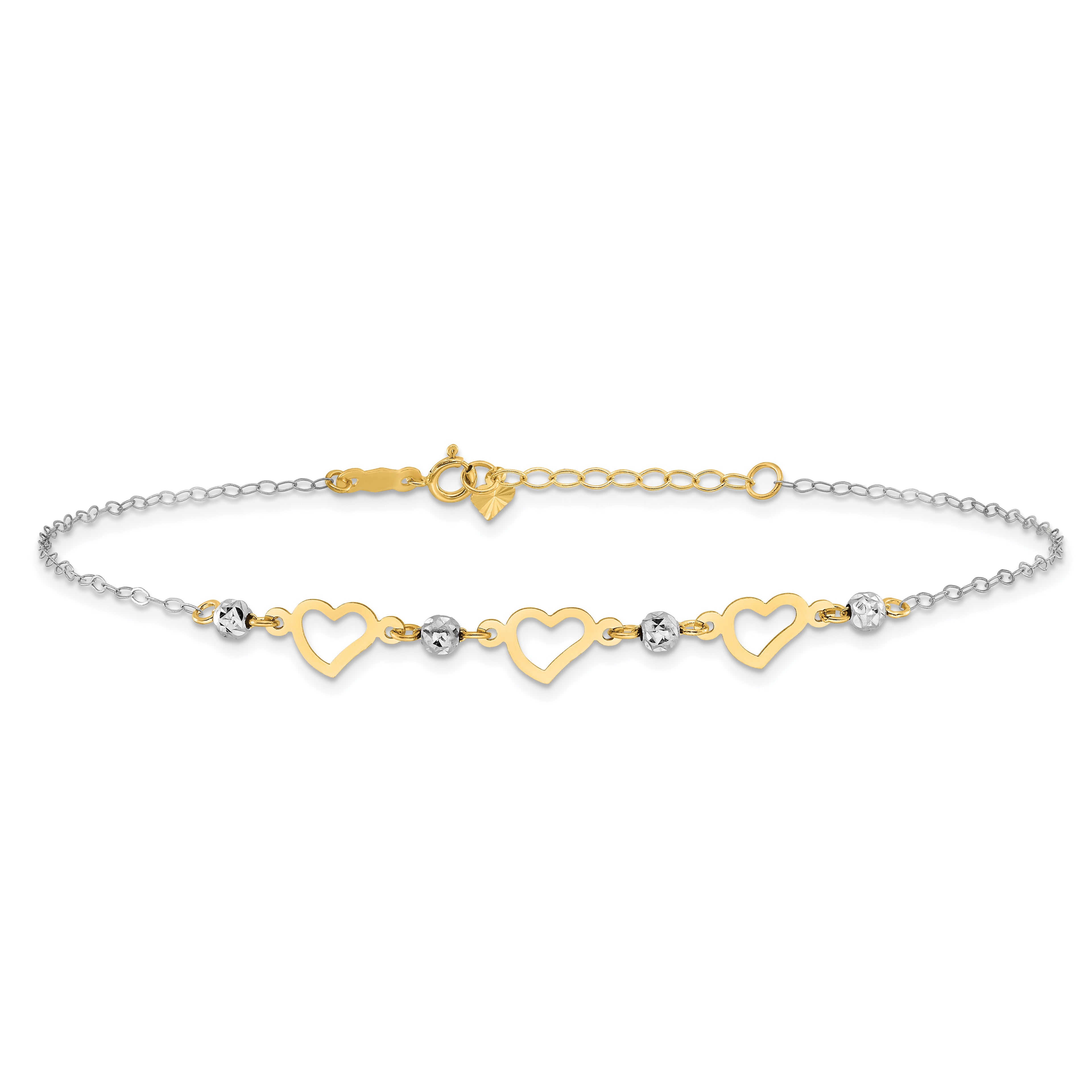 14K Two-tone Three Hearts and Diamond-cut Beads 9 inch Plus 1 inch Extender - Total 10 inch Anklet - Sophia Jewelers