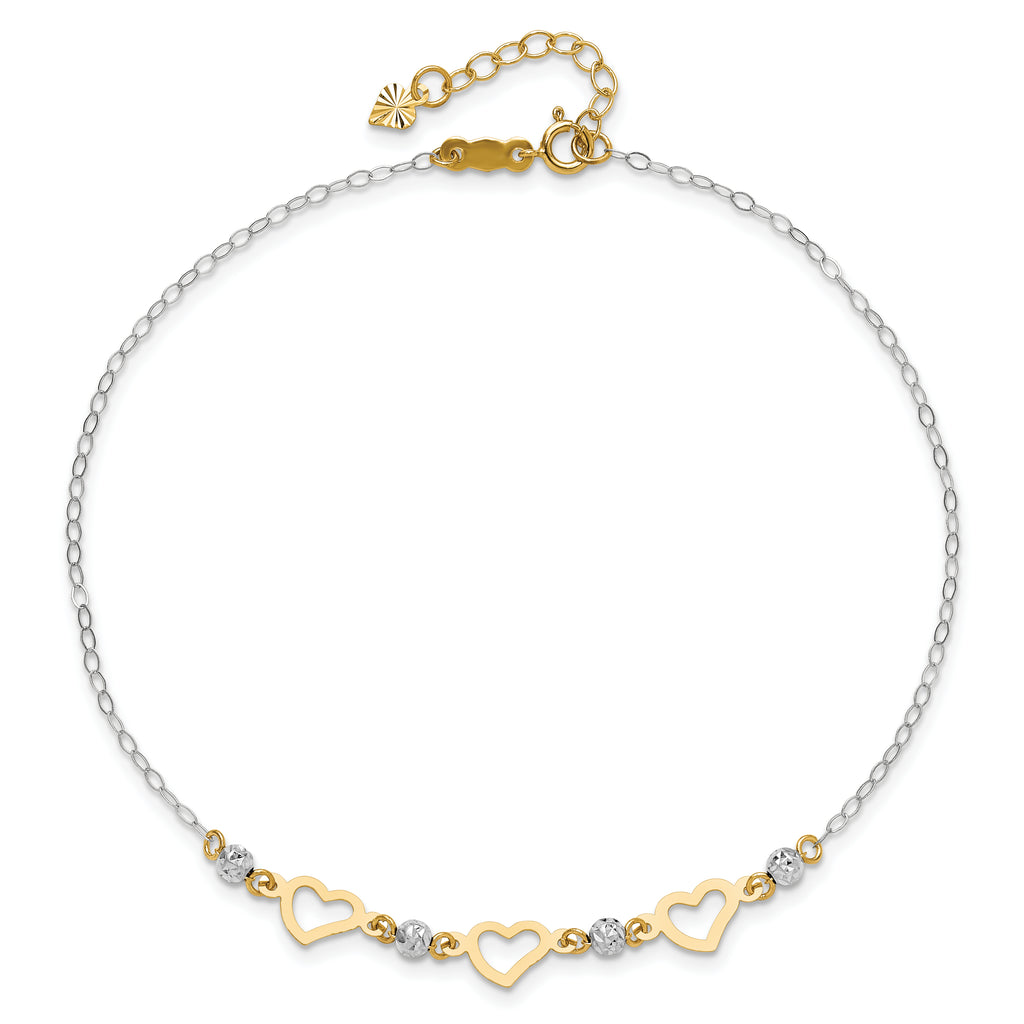 14K Two-tone Three Hearts and Diamond-cut Beads 9 inch Plus 1 inch Extender - Total 10 inch Anklet - Sophia Jewelers