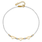 14K Two-tone Three Hearts and Diamond-cut Beads 9 inch Plus 1 inch Extender - Total 10 inch Anklet - Sophia Jewelers