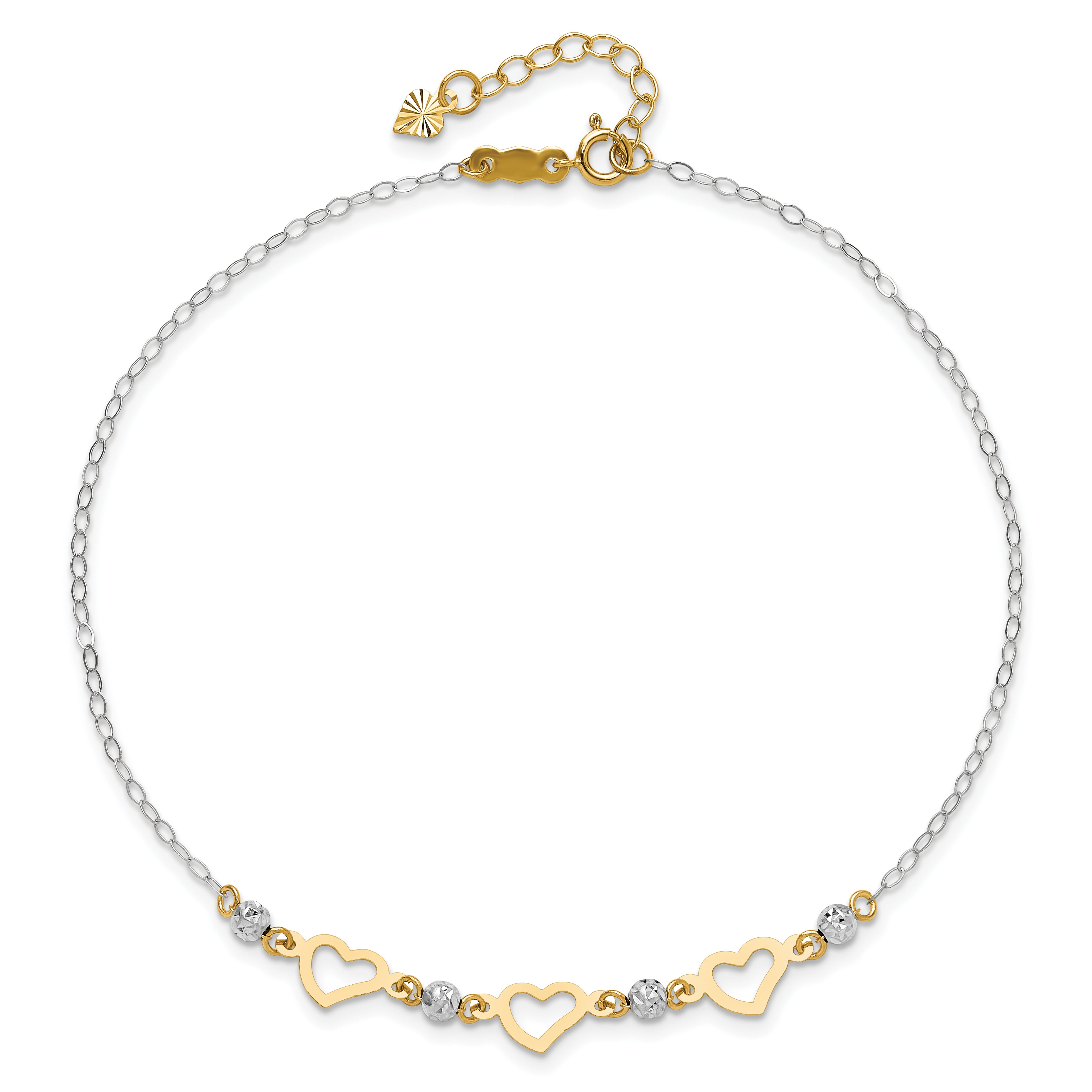 14K Two-tone Three Hearts and Diamond-cut Beads 9 inch Plus 1 inch Extender - Total 10 inch Anklet - Sophia Jewelers