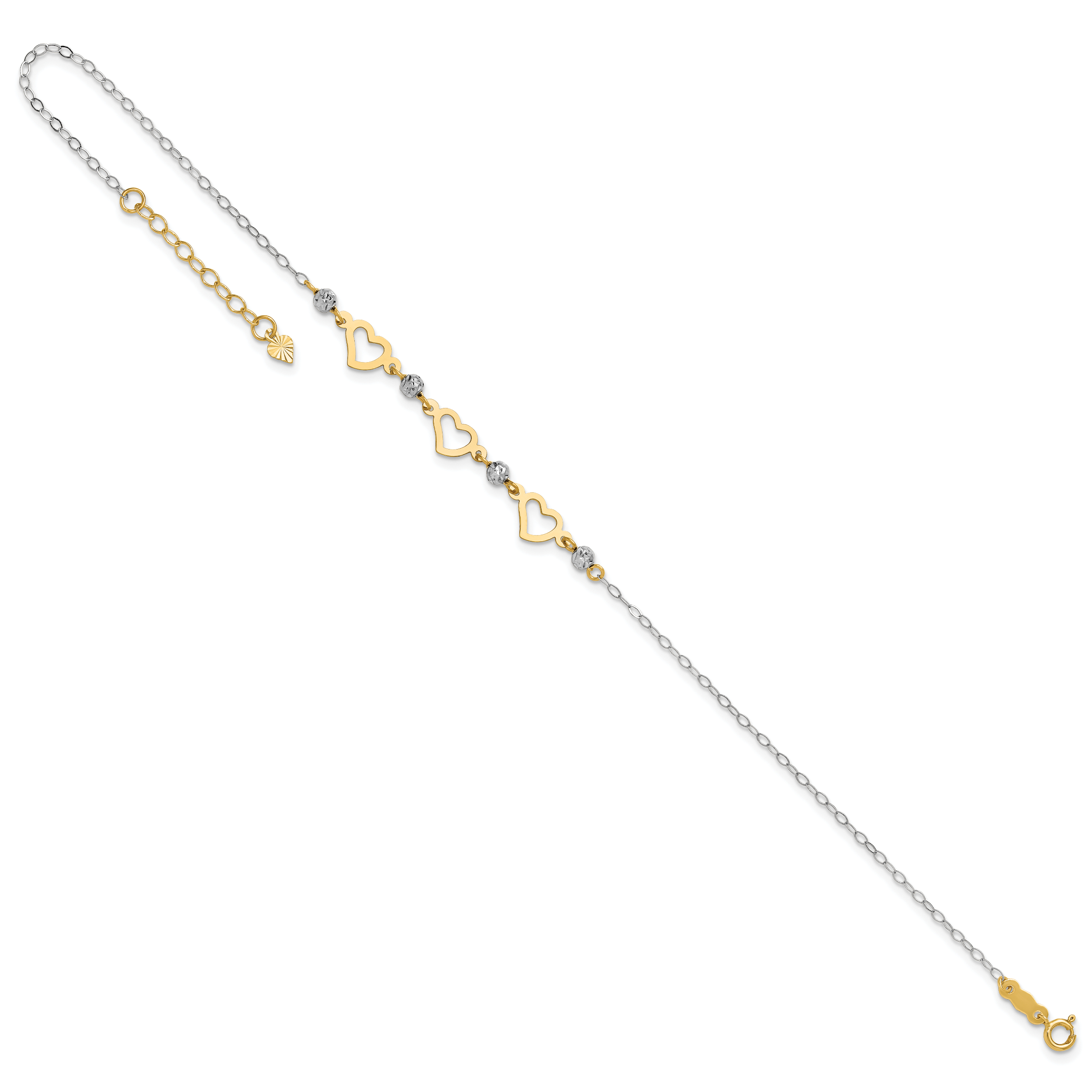14K Two-tone Three Hearts and Diamond-cut Beads 9 inch Plus 1 inch Extender - Total 10 inch Anklet - Sophia Jewelers