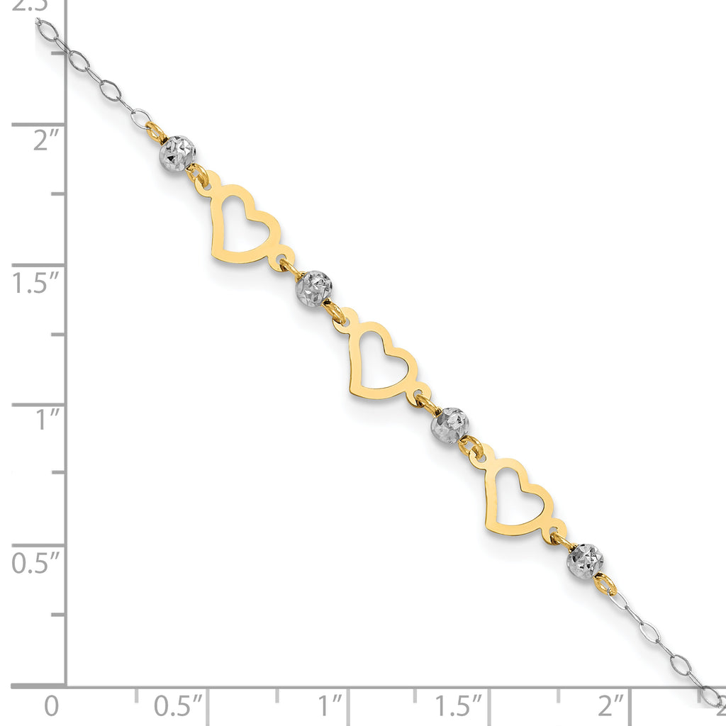 14K Two-tone Three Hearts and Diamond-cut Beads 9 inch Plus 1 inch Extender - Total 10 inch Anklet - Sophia Jewelers