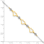 14K Two-tone Three Hearts and Diamond-cut Beads 9 inch Plus 1 inch Extender - Total 10 inch Anklet - Sophia Jewelers