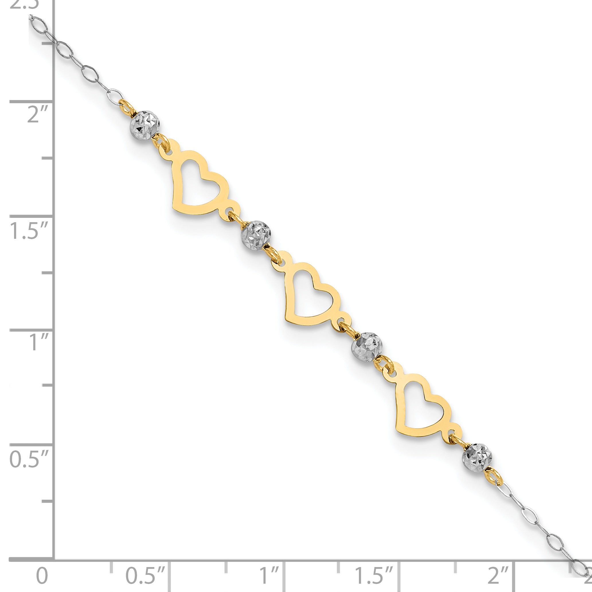 14K Two-tone Three Hearts and Diamond-cut Beads 9 inch Plus 1 inch Extender - Total 10 inch Anklet - Sophia Jewelers