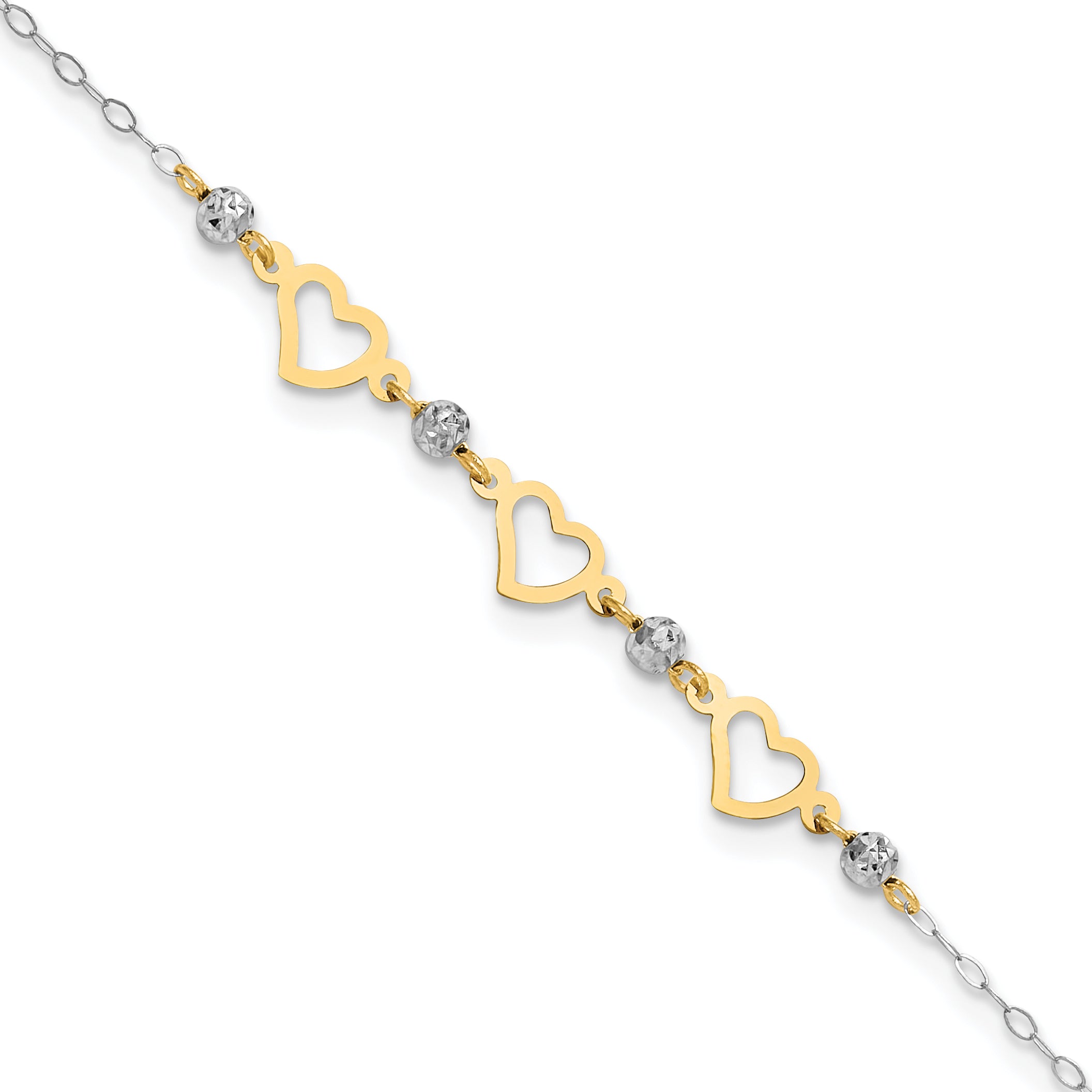 14K Two-tone Three Hearts and Diamond-cut Beads 9 inch Plus 1 inch Extender - Total 10 inch Anklet - Sophia Jewelers Main image