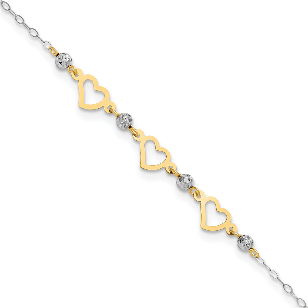 14K Two-tone Three Hearts and Diamond-cut Beads 9 inch Plus 1 inch Extender - Total 10 inch Anklet - Sophia Jewelers