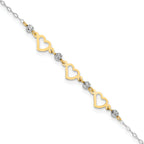 14K Two-tone Three Hearts and Diamond-cut Beads 9 inch Plus 1 inch Extender - Total 10 inch Anklet - Sophia Jewelers