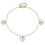 14K Two-tone Twisted Diamond-cut 3 Heart Dangles 9 inch Plus 1 inch Extender - Total 10 inch Anklet - Sophia Jewelers