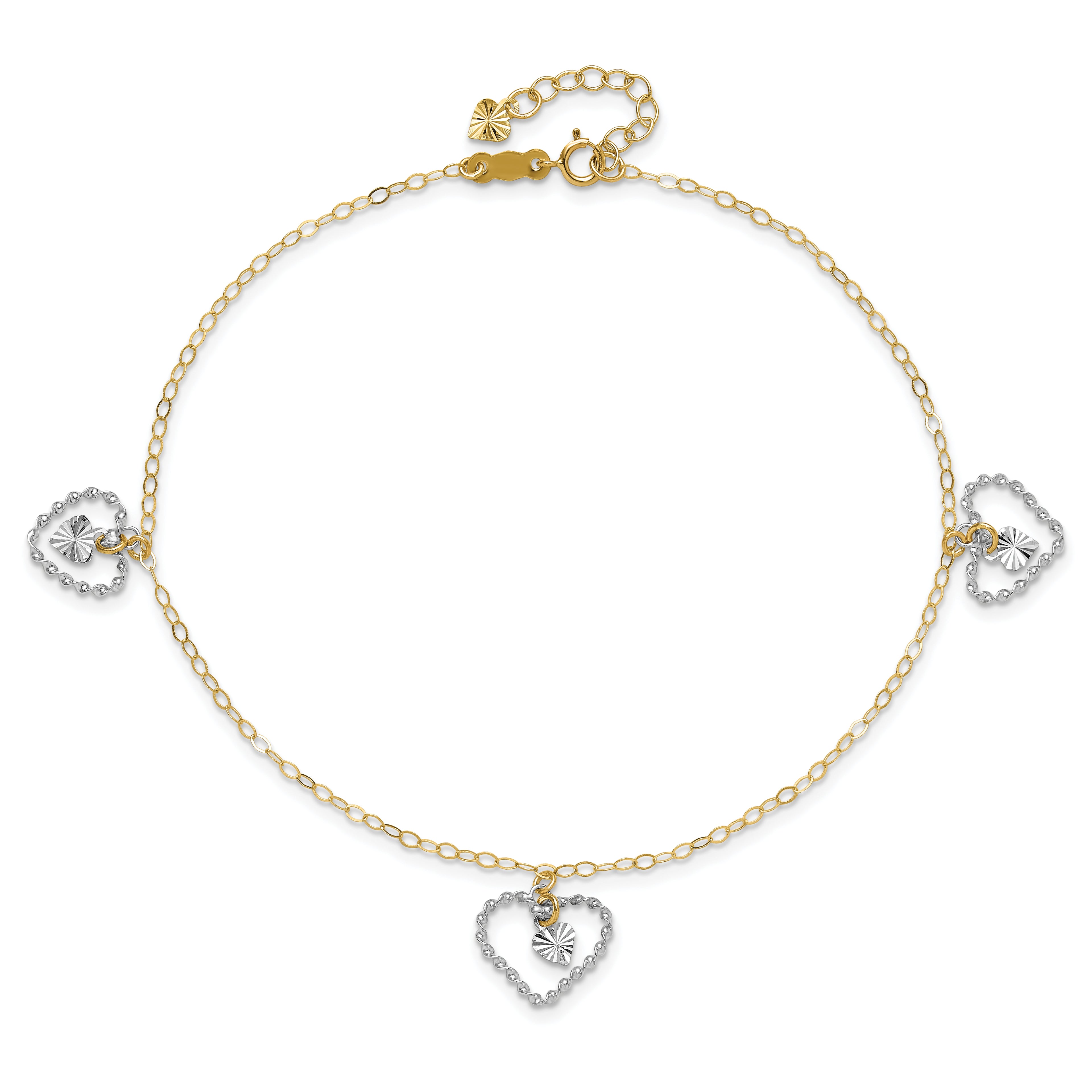 14K Two-tone Twisted Diamond-cut 3 Heart Dangles 9 inch Plus 1 inch Extender - Total 10 inch Anklet - Sophia Jewelers