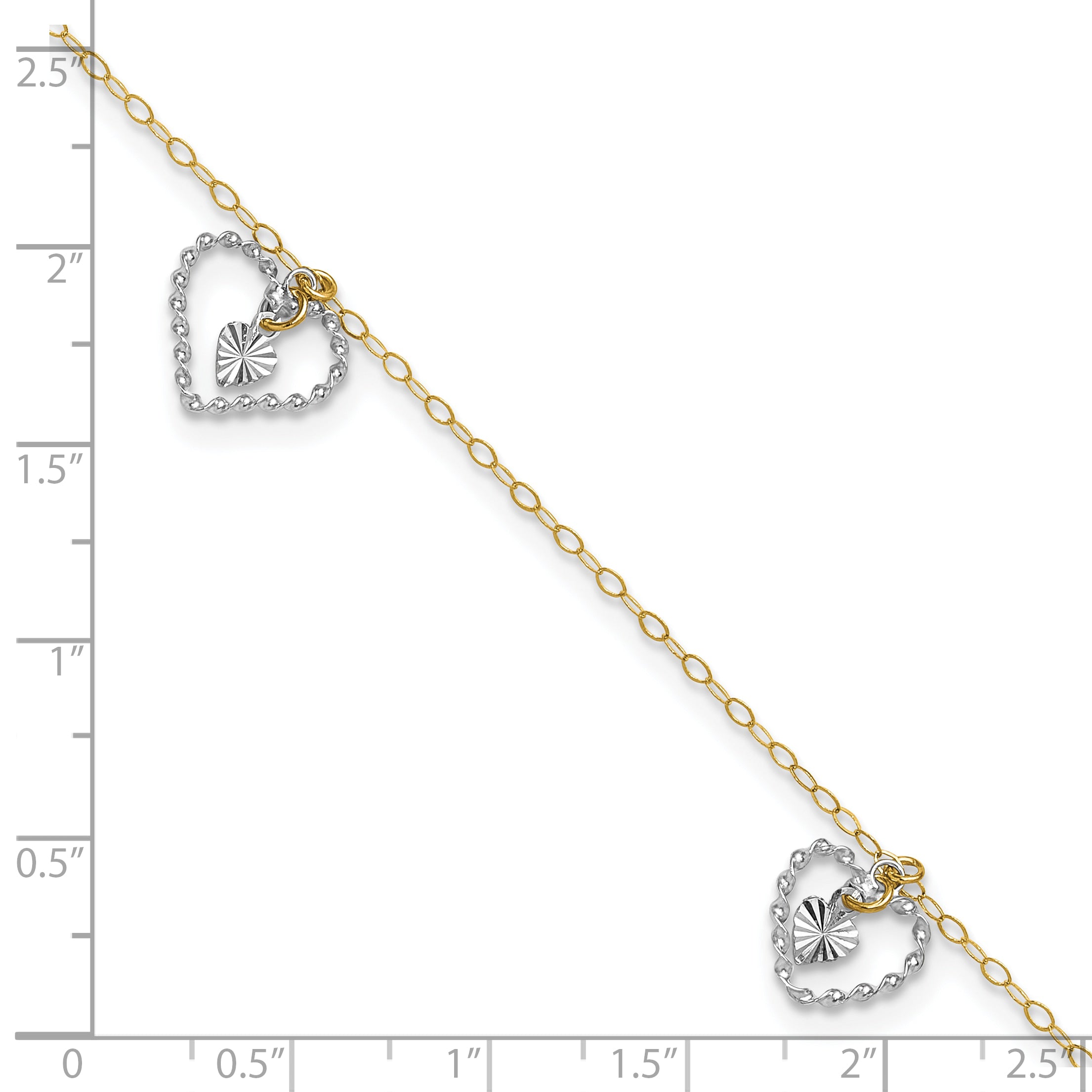 14K Two-tone Twisted Diamond-cut 3 Heart Dangles 9 inch Plus 1 inch Extender - Total 10 inch Anklet Secondary image