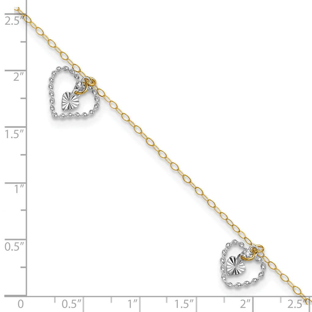 14K Two-tone Twisted Diamond-cut 3 Heart Dangles 9 inch Plus 1 inch Extender - Total 10 inch Anklet - Sophia Jewelers