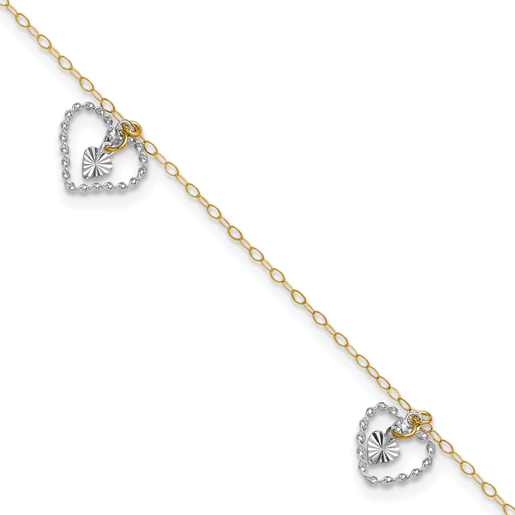 14K Two-tone Twisted Diamond-cut 3 Heart Dangles 9 inch Plus 1 inch Extender - Total 10 inch Anklet - Sophia Jewelers