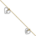 14K Two-tone Twisted Diamond-cut 3 Heart Dangles 9 inch Plus 1 inch Extender - Total 10 inch Anklet - Sophia Jewelers