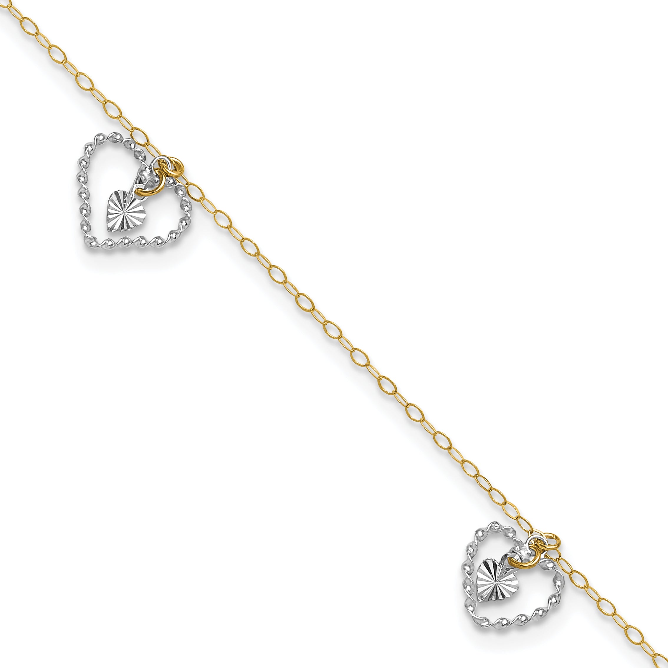 14K Two-tone Twisted Diamond-cut 3 Heart Dangles 9 inch Plus 1 inch Extender - Total 10 inch Anklet - Sophia Jewelers