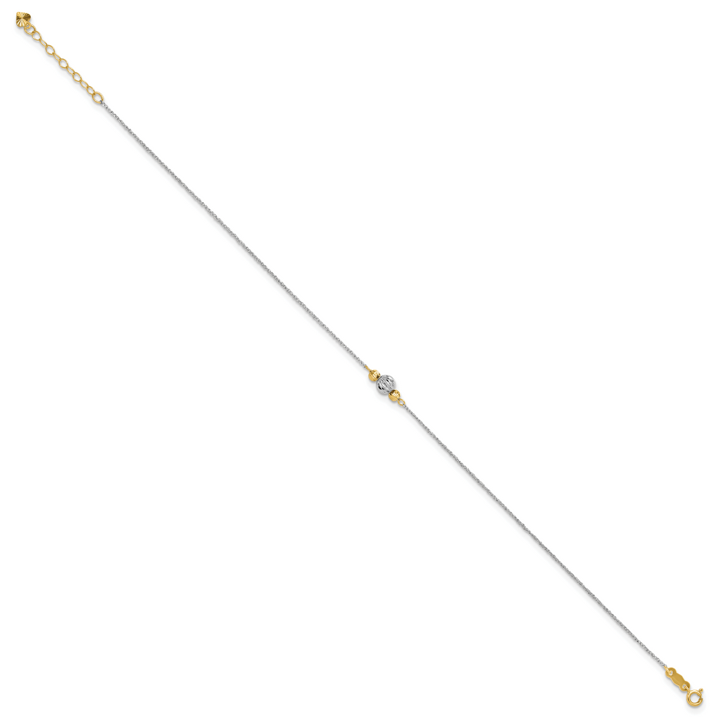 14K Two-tone Chain and Diamond-cut Beads 9 inch Plus 1 inch Extender - Total 10 inch Anklet - Sophia Jewelers