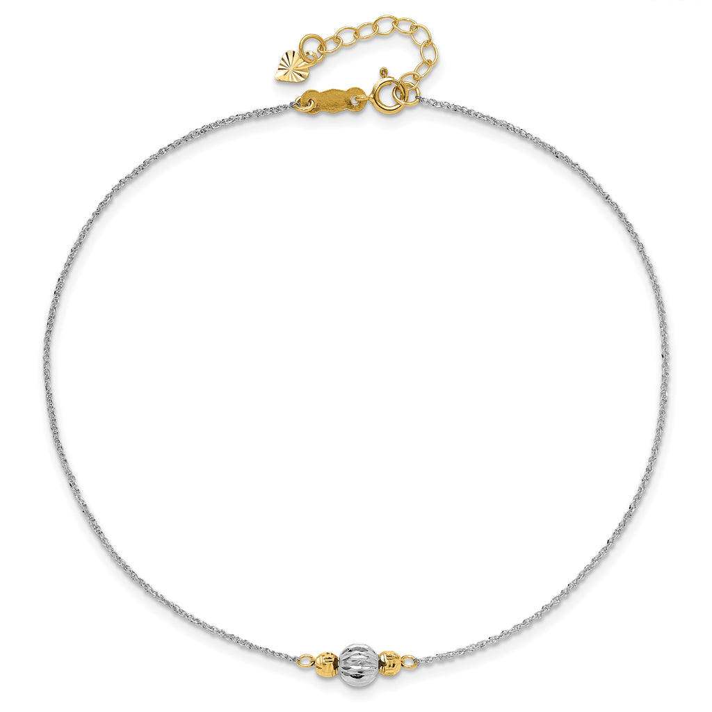 14K Two-tone Chain and Diamond-cut Beads 9 inch Plus 1 inch Extender - Total 10 inch Anklet - Sophia Jewelers