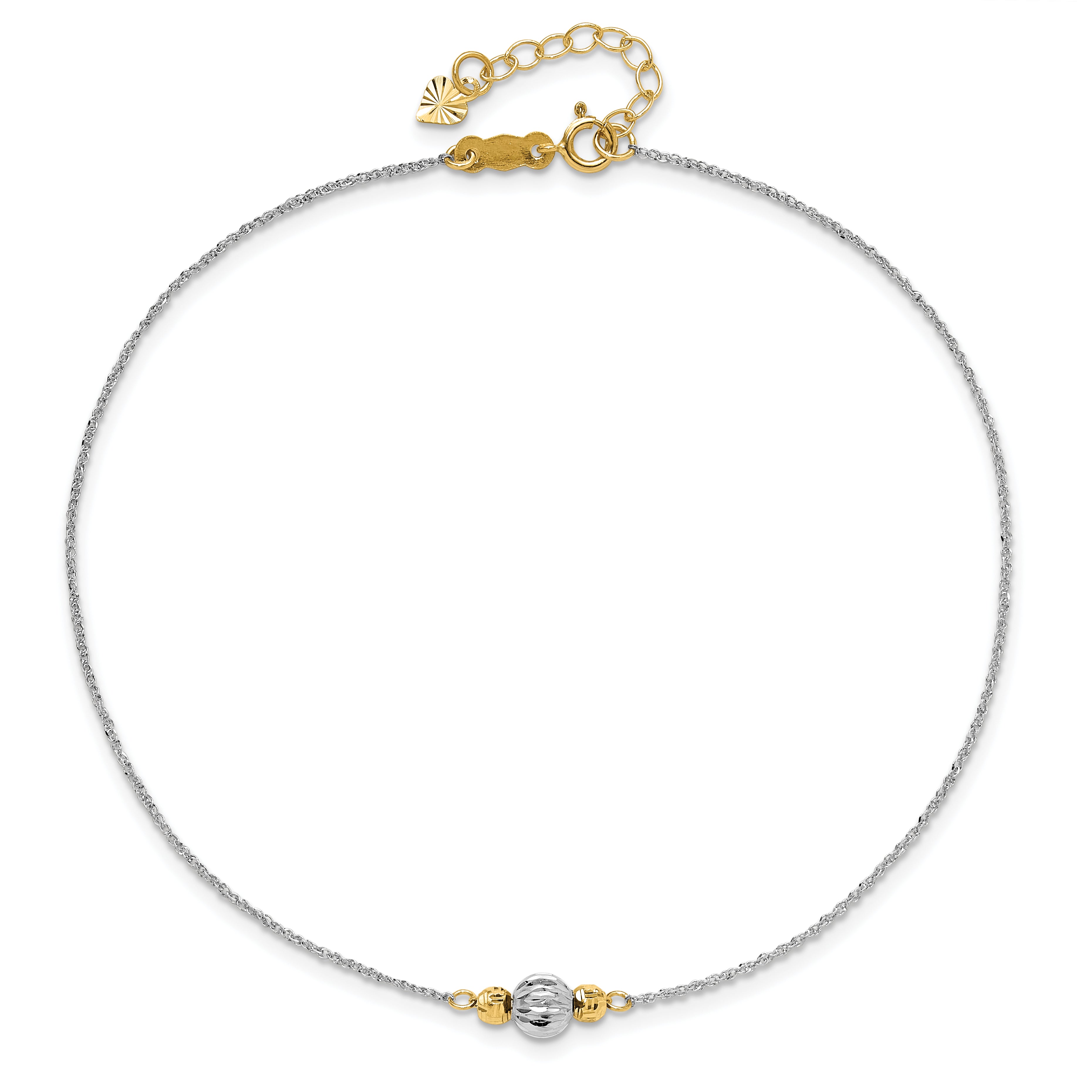 14K Two-tone Chain and Diamond-cut Beads 9 inch Plus 1 inch Extender - Total 10 inch Anklet - Sophia Jewelers