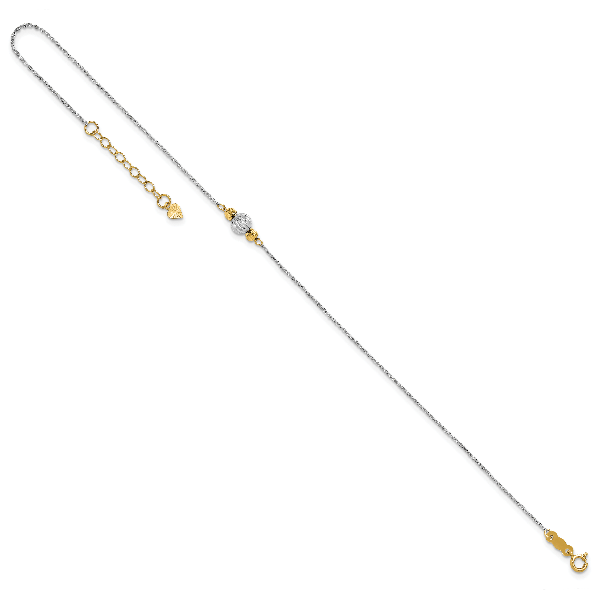 14K Two-tone Chain and Diamond-cut Beads 9 inch Plus 1 inch Extender - Total 10 inch Anklet - Sophia Jewelers