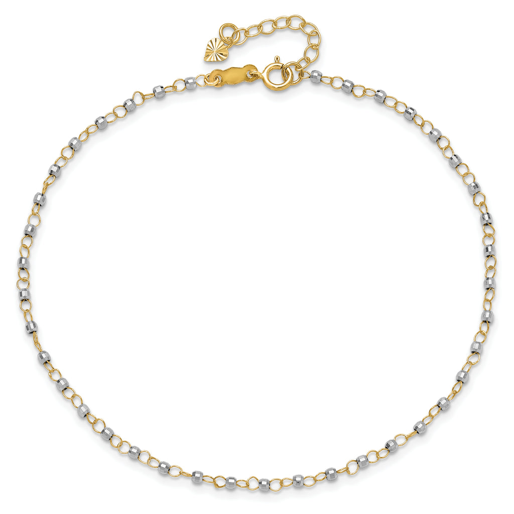 14K Two-tone Chain with Mirror Beads 9 inch Plus 1 inch Extender - Total 10 inch Anklet - Sophia Jewelers