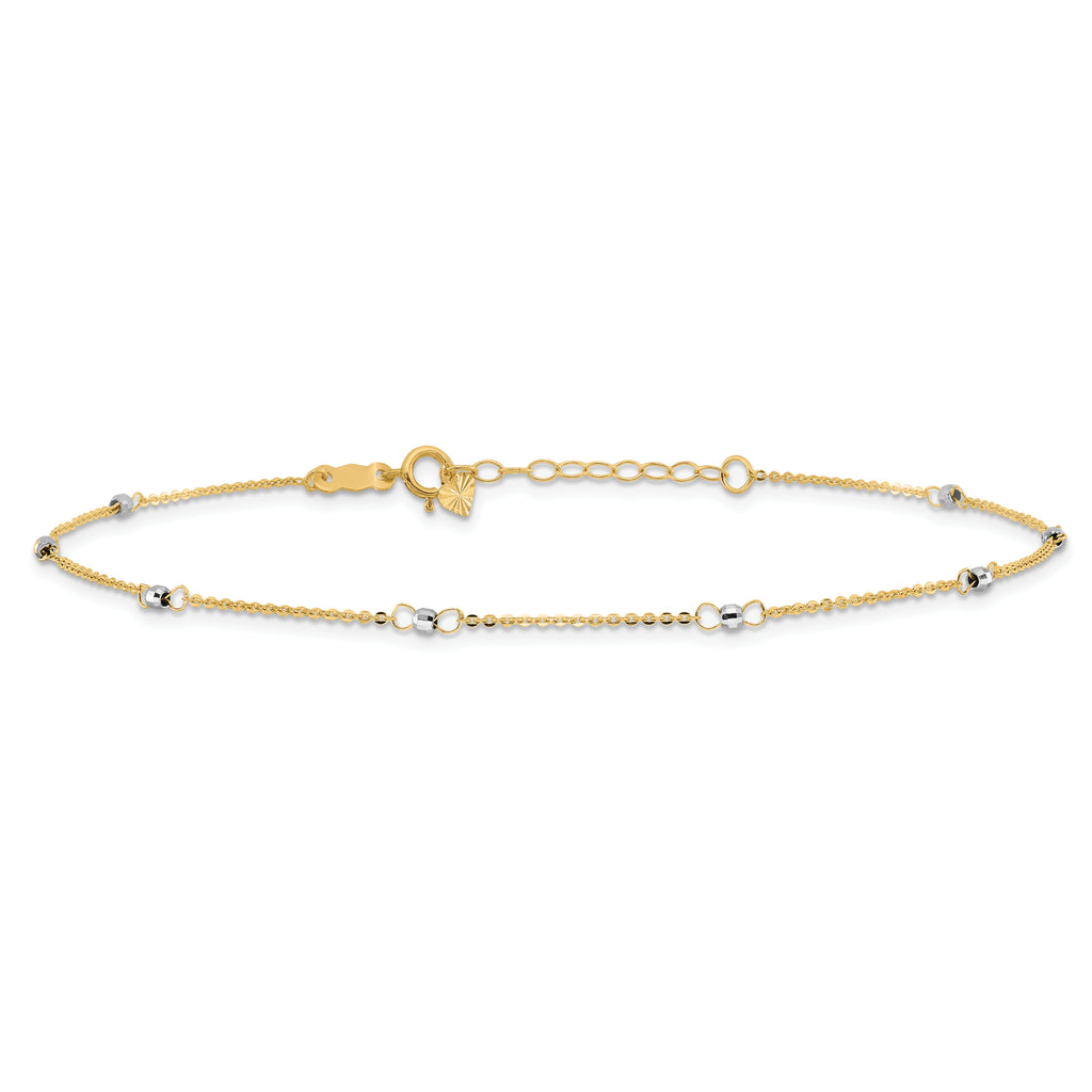 14k Two-tone Cable Chain Mirror Beads 8-Station 9 inch Plus 1 inch Extender - Total 10 inch Anklet - Sophia Jewelers