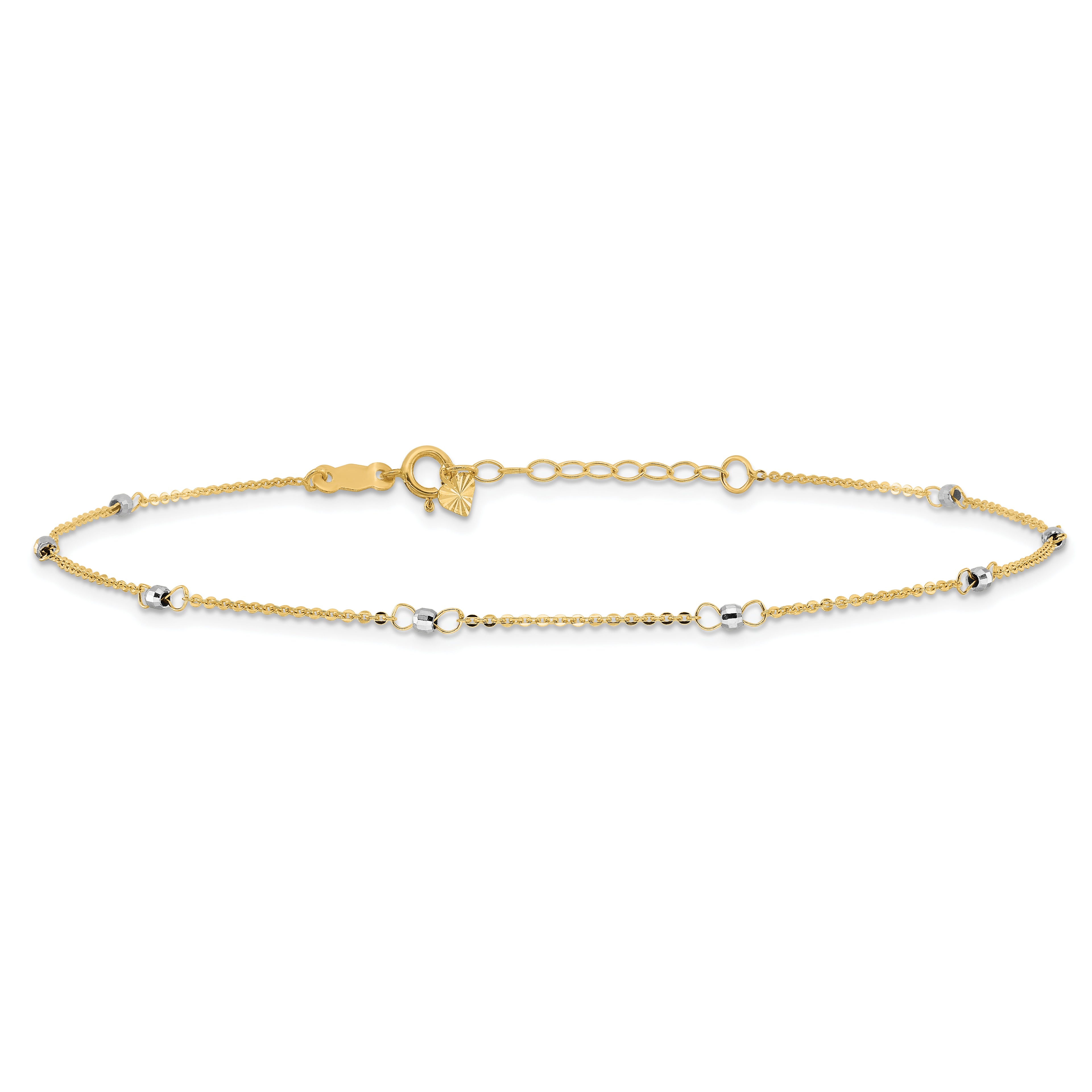 14k Two-tone Cable Chain Mirror Beads 8-Station 9 inch Plus 1 inch Extender - Total 10 inch Anklet - Sophia Jewelers