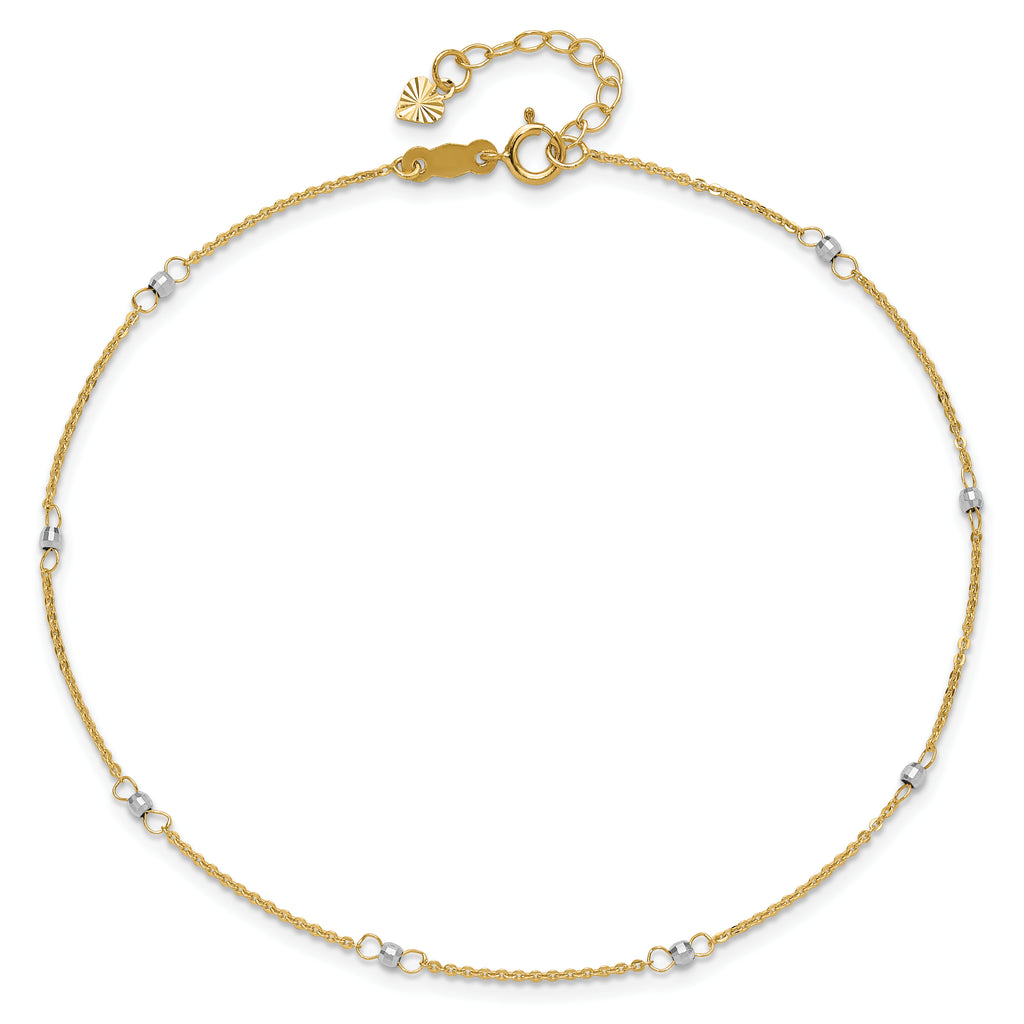 14k Two-tone Cable Chain Mirror Beads 8-Station 9 inch Plus 1 inch Extender - Total 10 inch Anklet - Sophia Jewelers