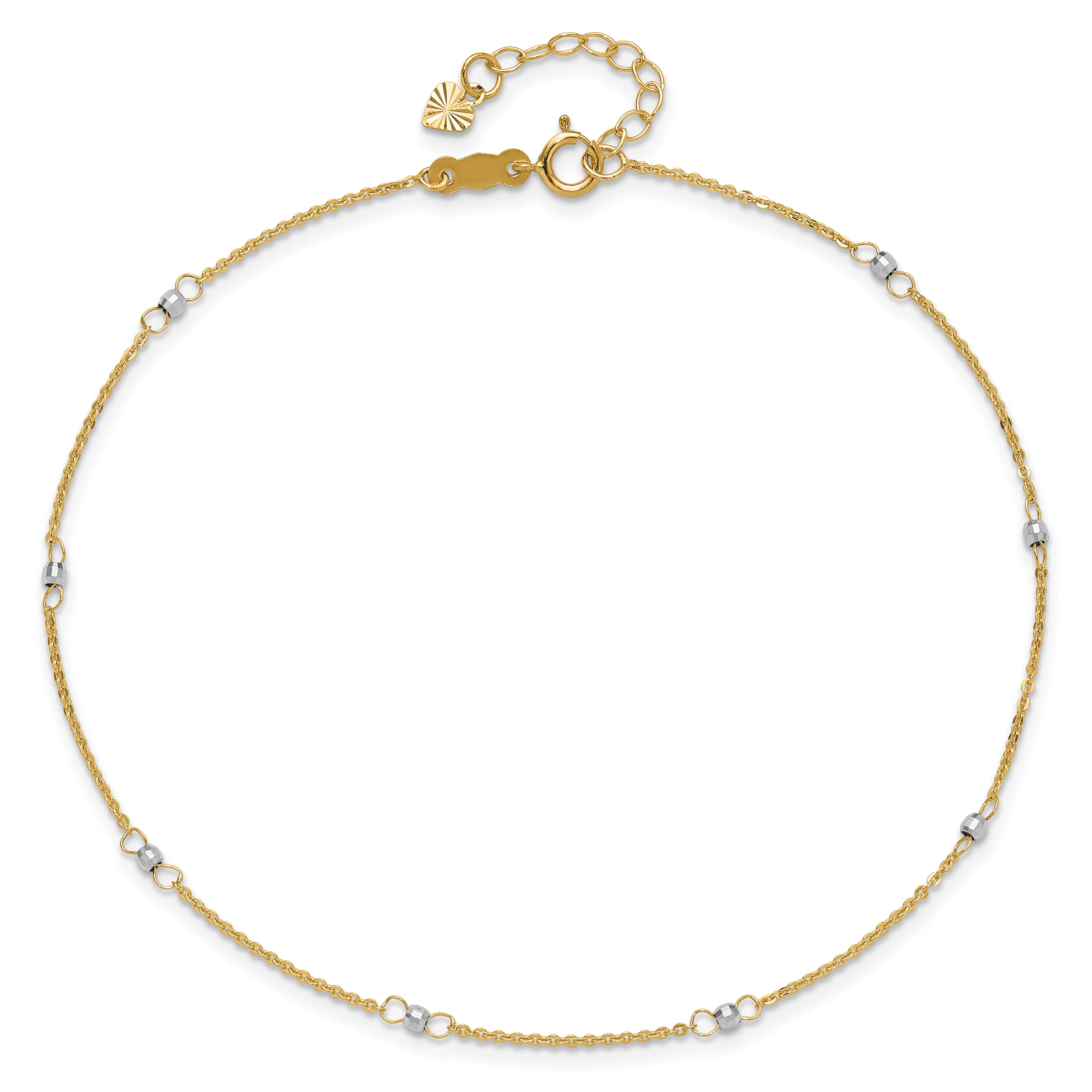 14k Two-tone Cable Chain Mirror Beads 8-Station 9 inch Plus 1 inch Extender - Total 10 inch Anklet - Sophia Jewelers