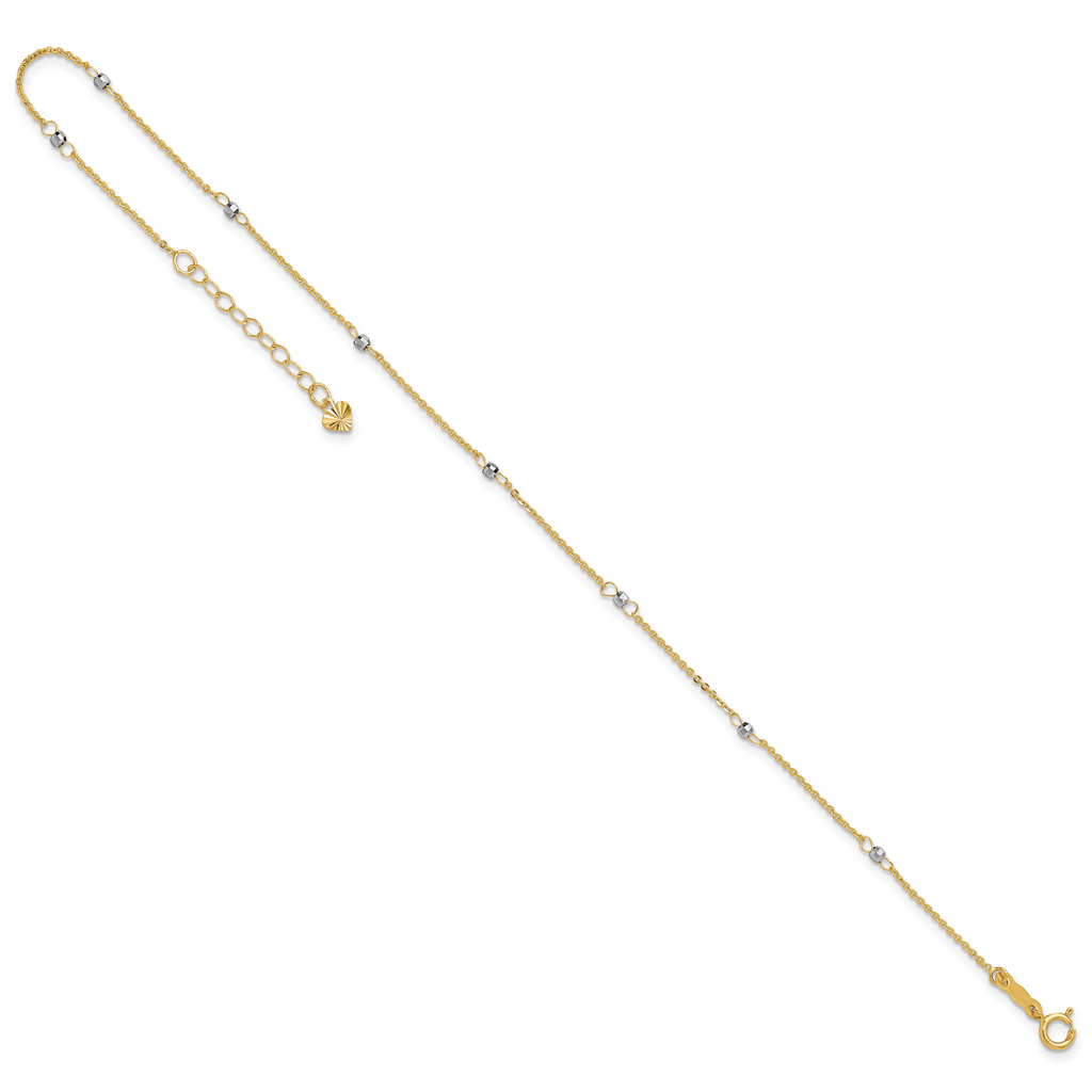 14k Two-tone Cable Chain Mirror Beads 8-Station 9 inch Plus 1 inch Extender - Total 10 inch Anklet - Sophia Jewelers