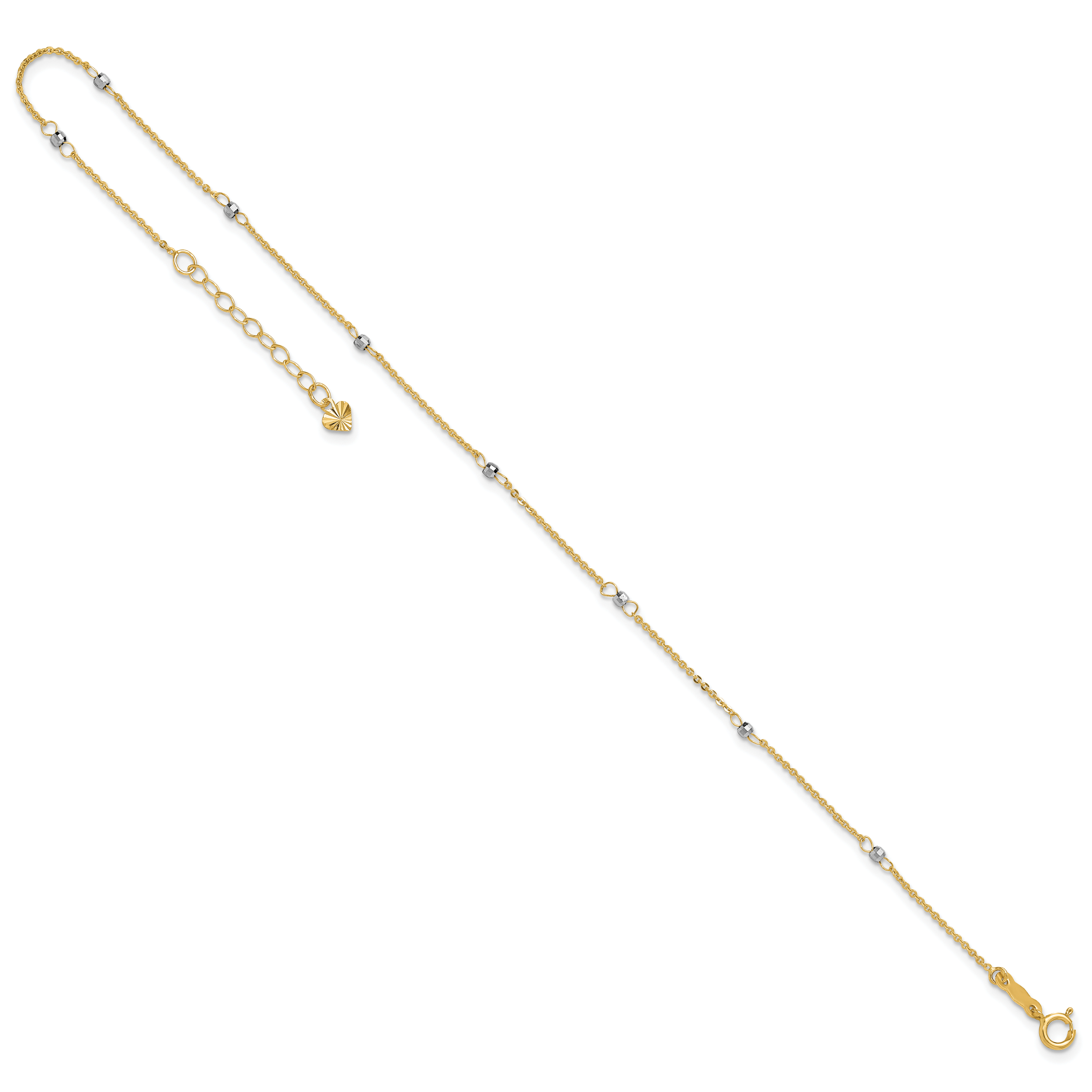 14k Two-tone Cable Chain Mirror Beads 8-Station 9 inch Plus 1 inch Extender - Total 10 inch Anklet - Sophia Jewelers