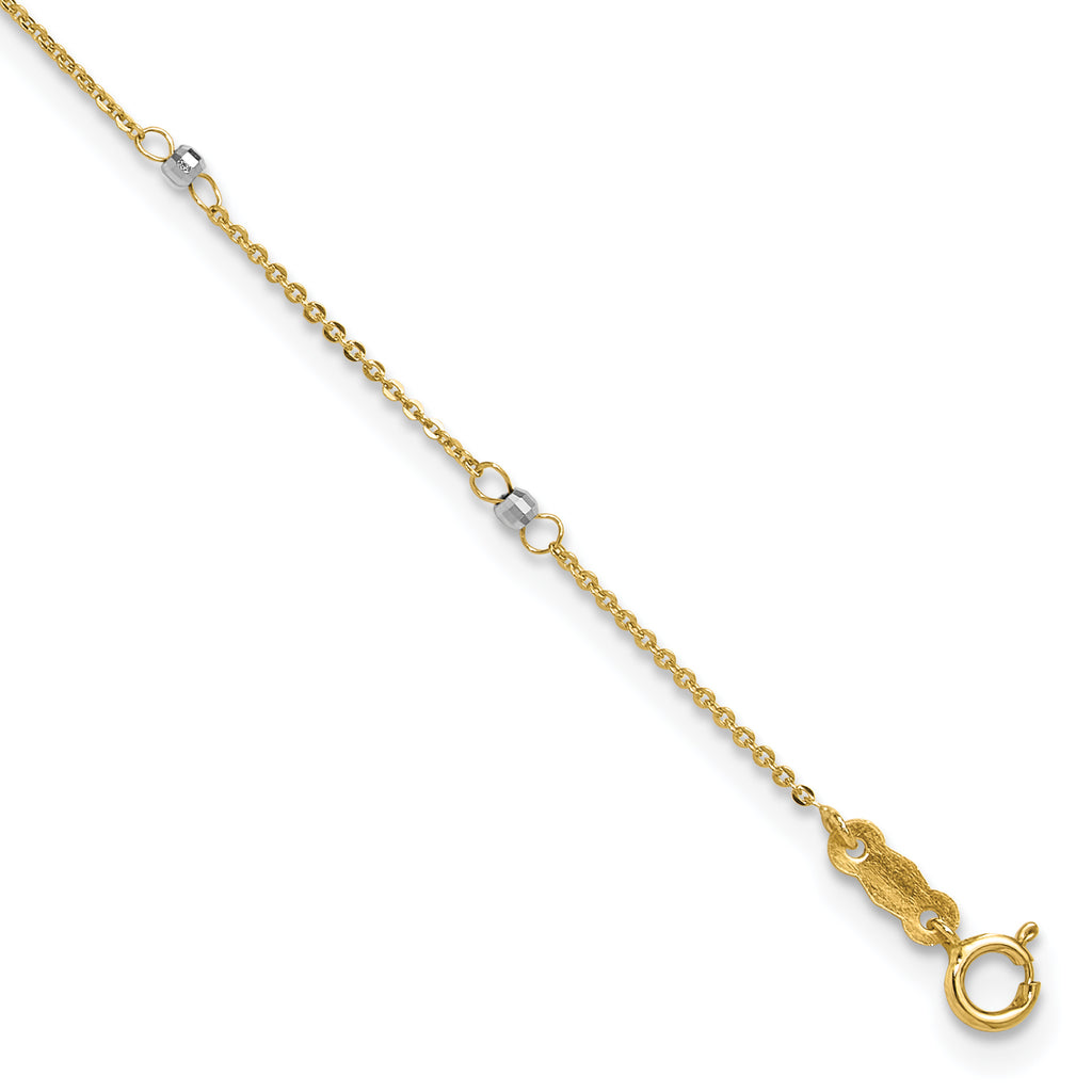 14k Two-tone Cable Chain Mirror Beads 8-Station 9 inch Plus 1 inch Extender - Total 10 inch Anklet - Sophia Jewelers
