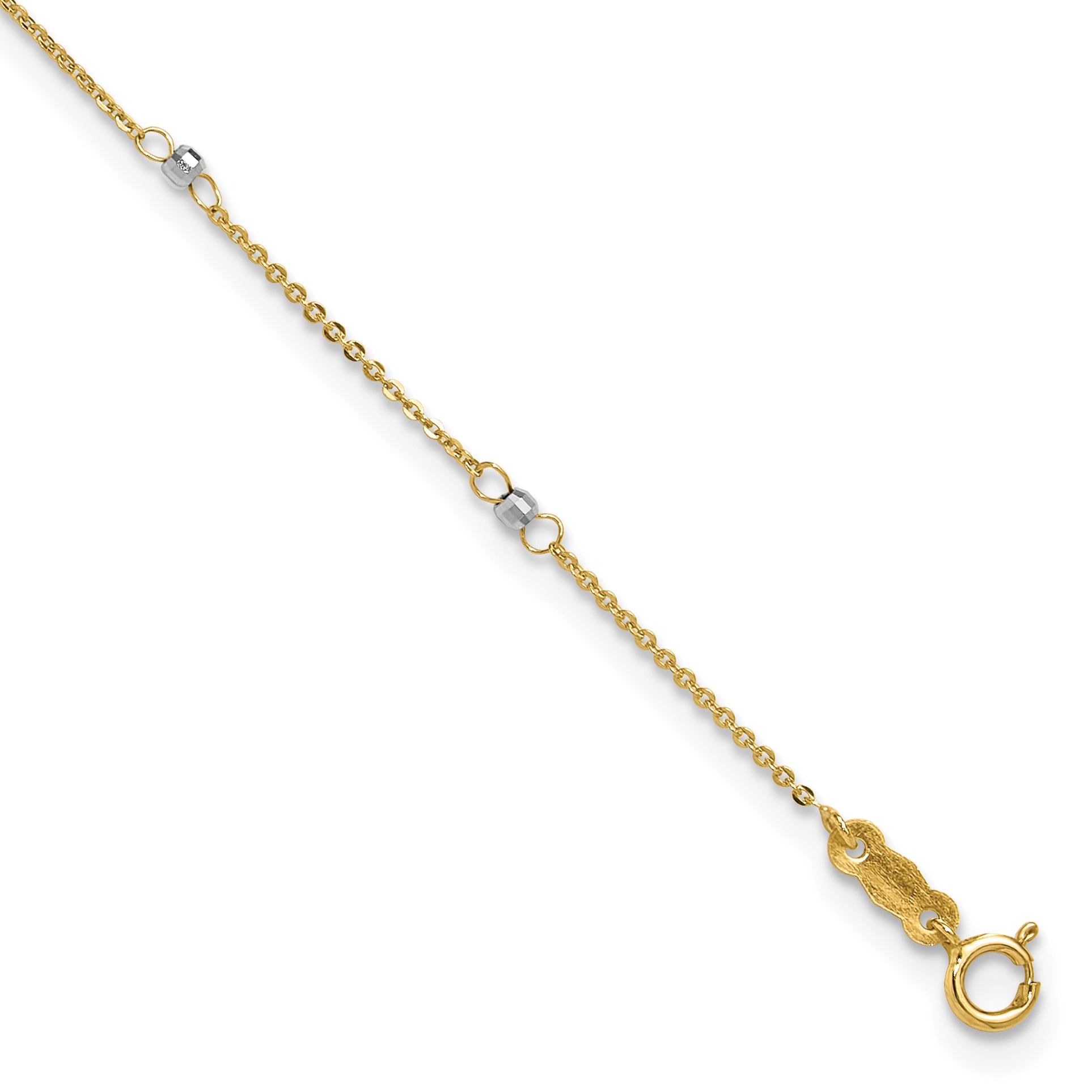 14k Two-tone Cable Chain Mirror Beads 8-Station 9 inch Plus 1 inch Extender - Total 10 inch Anklet - Sophia Jewelers