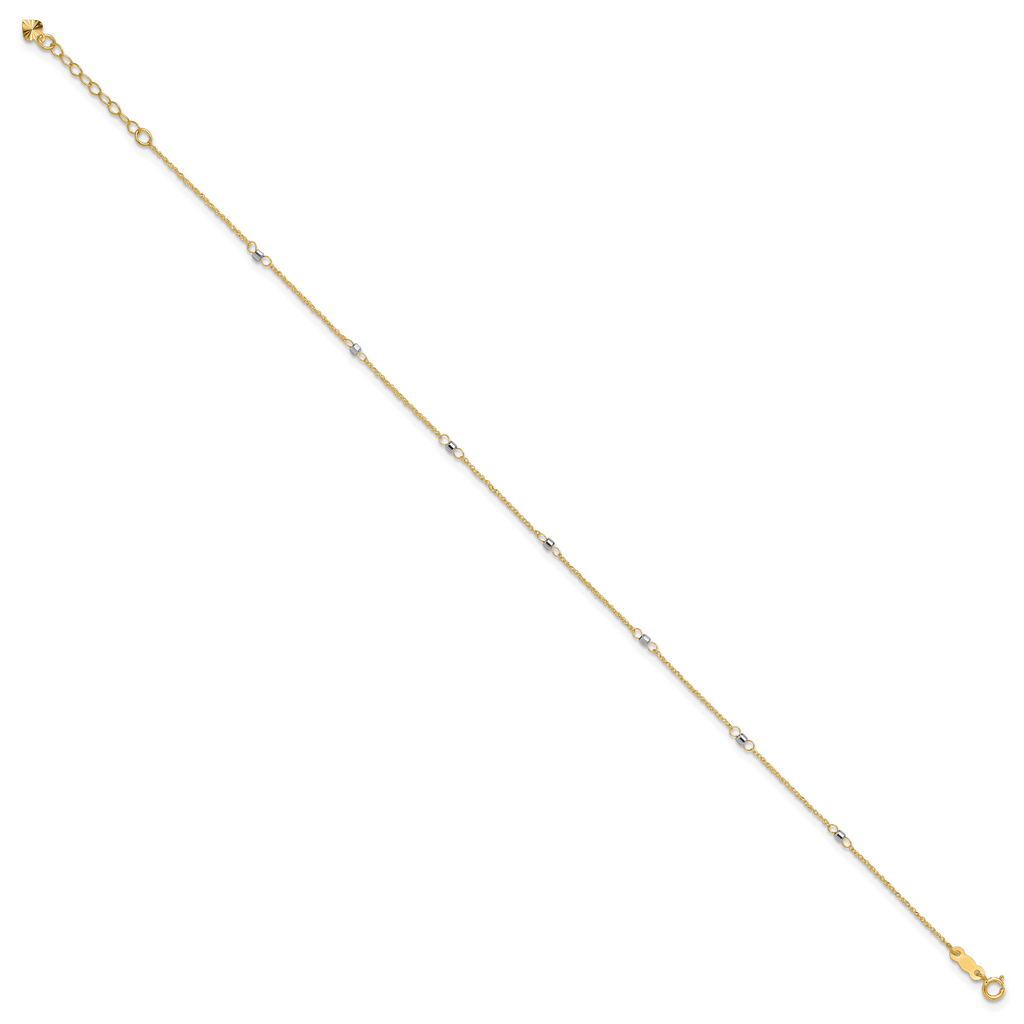 14K Two-tone Ropa Chain Mirror Beads 7-Station 9 inch Plus 1 inch Extender - Total 10 inch Anklet - Sophia Jewelers