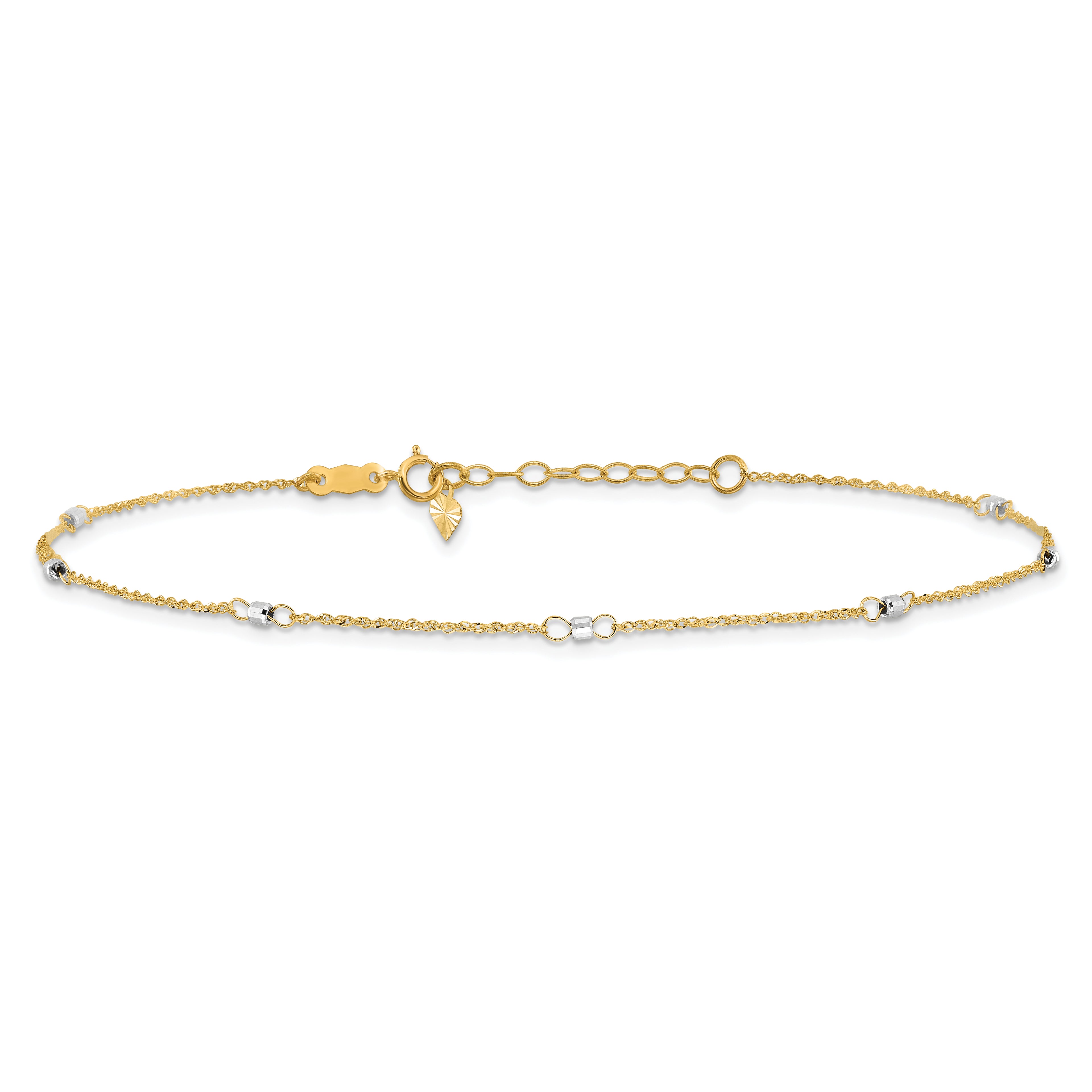 14K Two-tone Ropa Chain Mirror Beads 7-Station 9 inch Plus 1 inch Extender - Total 10 inch Anklet - Sophia Jewelers