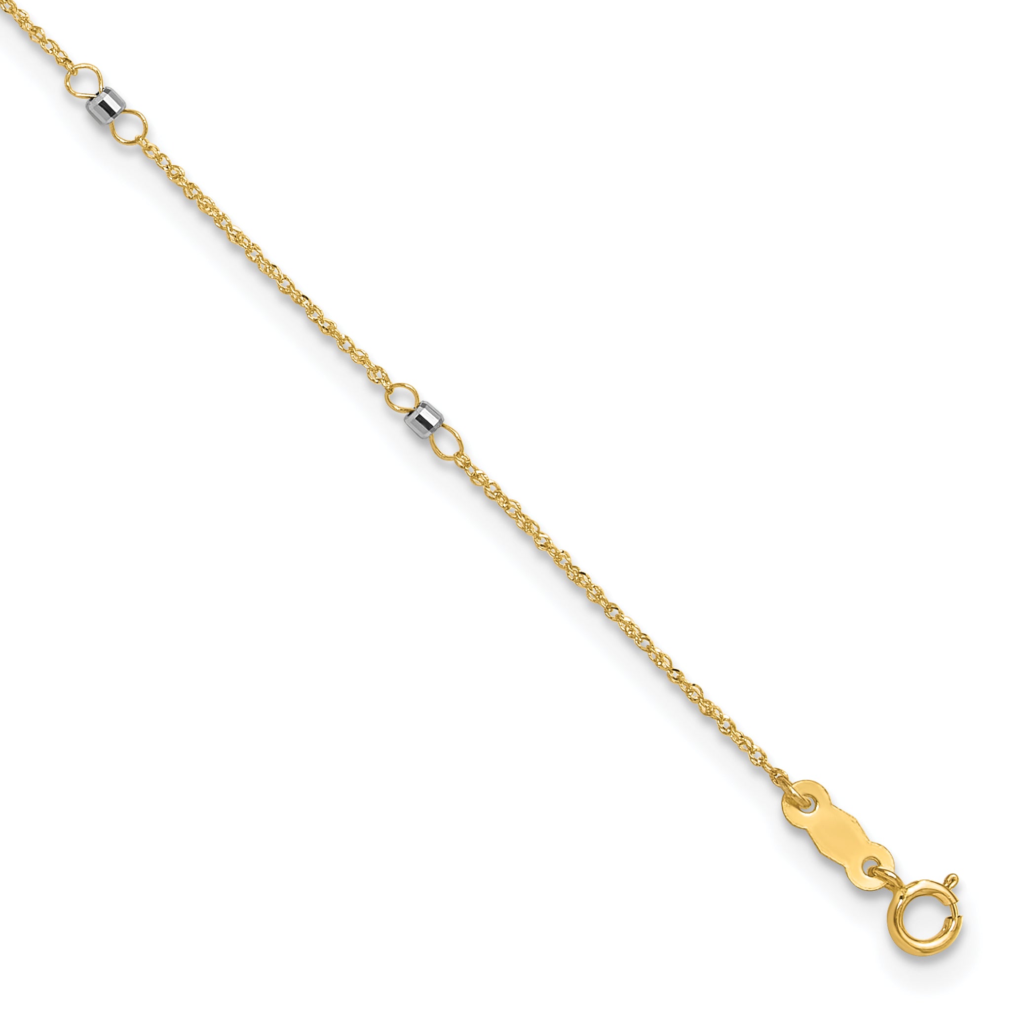 14K Two-tone Ropa Chain Mirror Beads 7-Station 9 inch Plus 1 inch Extender - Total 10 inch Anklet - Sophia Jewelers