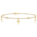 14k Diamond-cut 3 Cross Dangles and Beads 9 inch Plus 1 inch Extender - Total 10 inch Anklet - Sophia Jewelers
