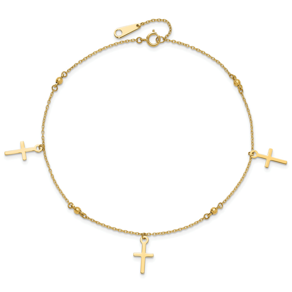 14k Diamond-cut 3 Cross Dangles and Beads 9 inch Plus 1 inch Extender - Total 10 inch Anklet - Sophia Jewelers