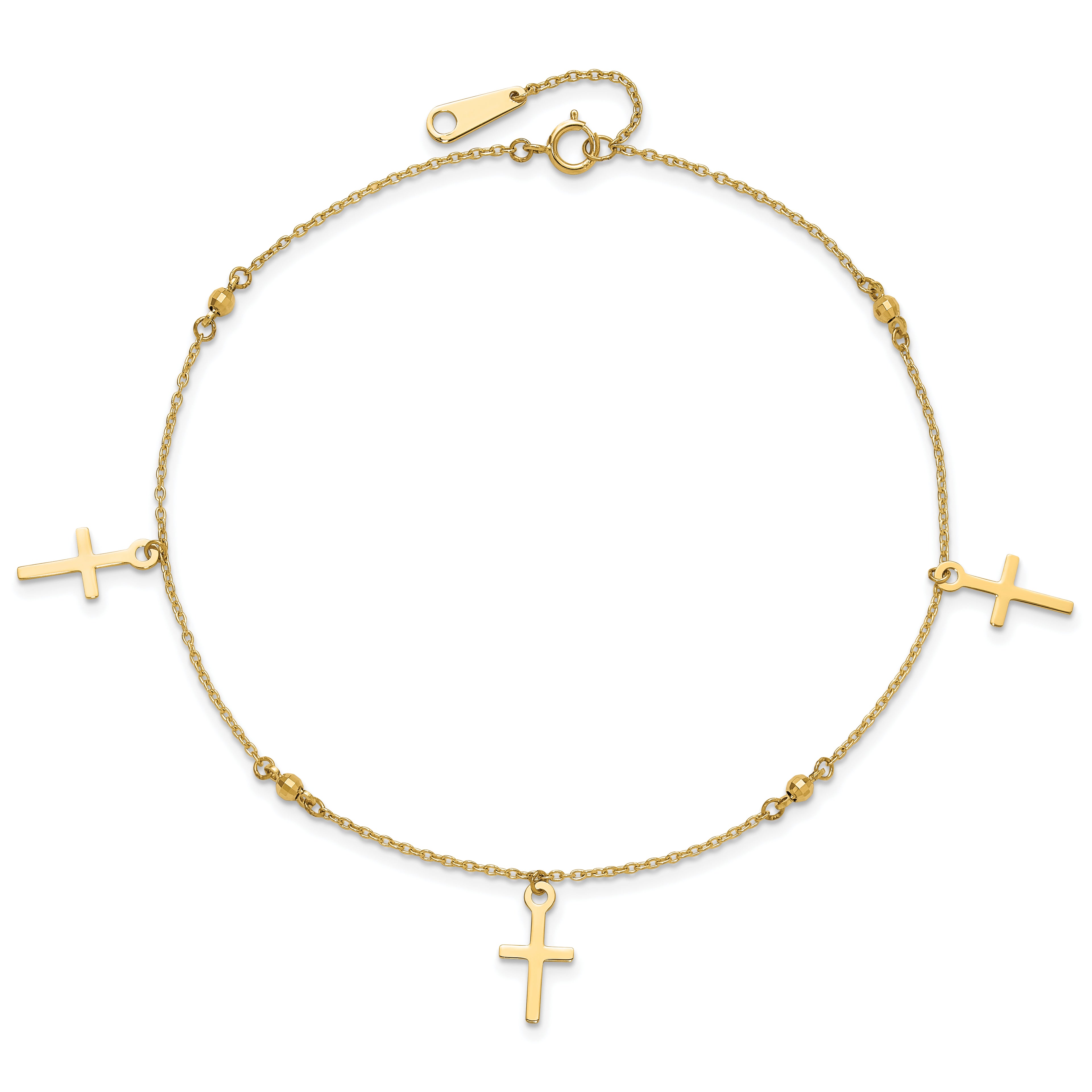 14k Diamond-cut 3 Cross Dangles and Beads 9 inch Plus 1 inch Extender - Total 10 inch Anklet - Sophia Jewelers