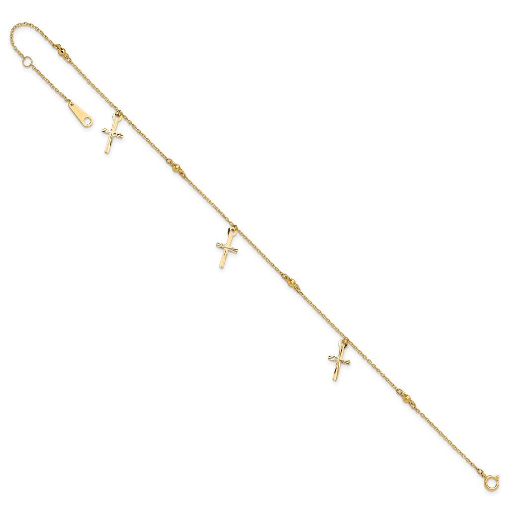 14k Diamond-cut 3 Cross Dangles and Beads 9 inch Plus 1 inch Extender - Total 10 inch Anklet - Sophia Jewelers