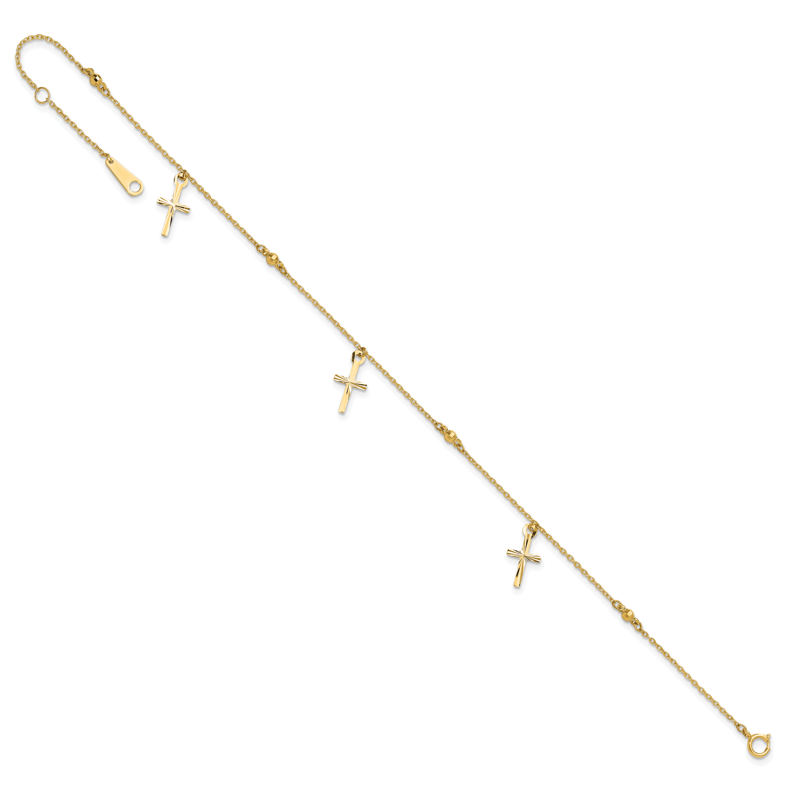 14k Diamond-cut 3 Cross Dangles and Beads 9 inch Plus 1 inch Extender - Total 10 inch Anklet - Sophia Jewelers