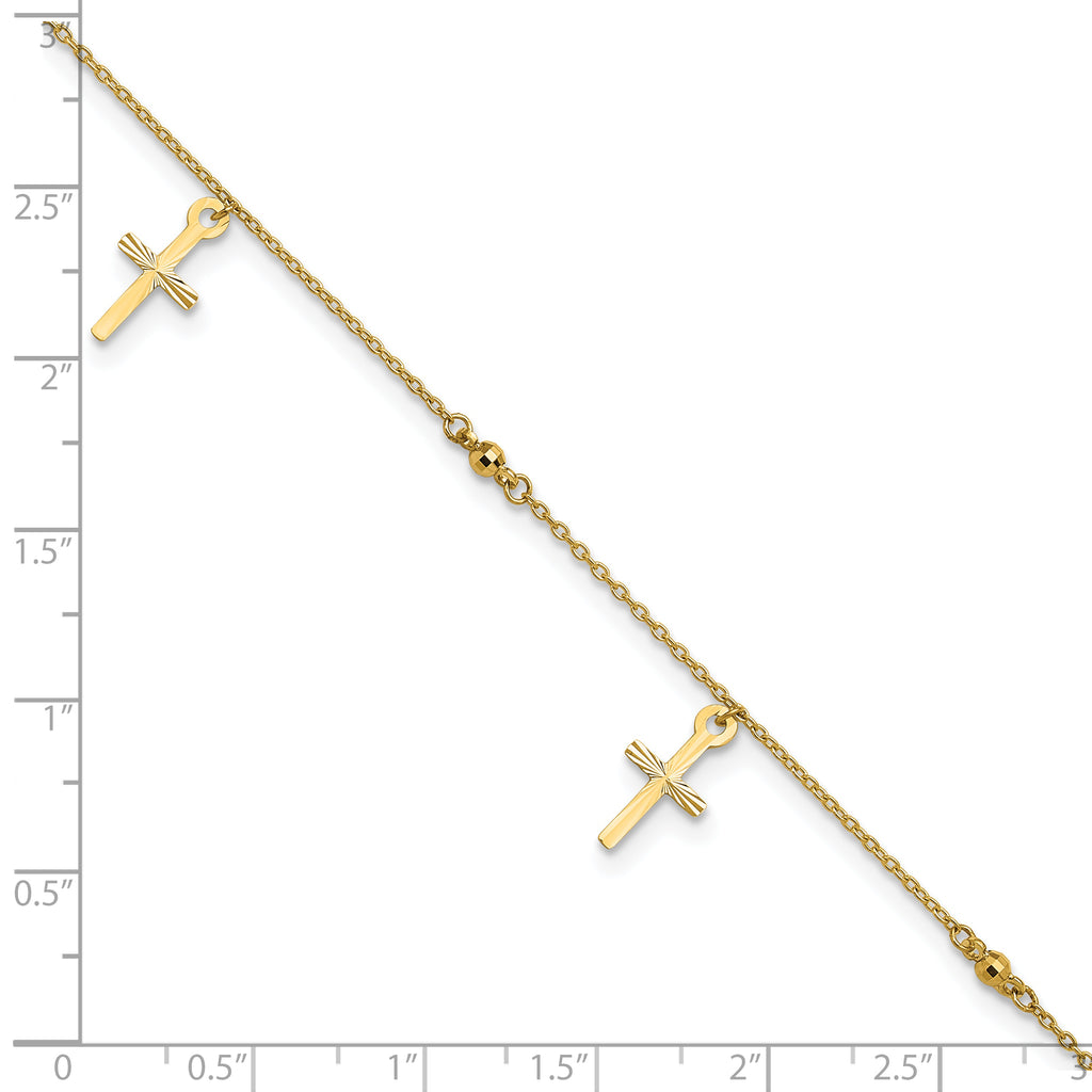 14k Diamond-cut 3 Cross Dangles and Beads 9 inch Plus 1 inch Extender - Total 10 inch Anklet - Sophia Jewelers