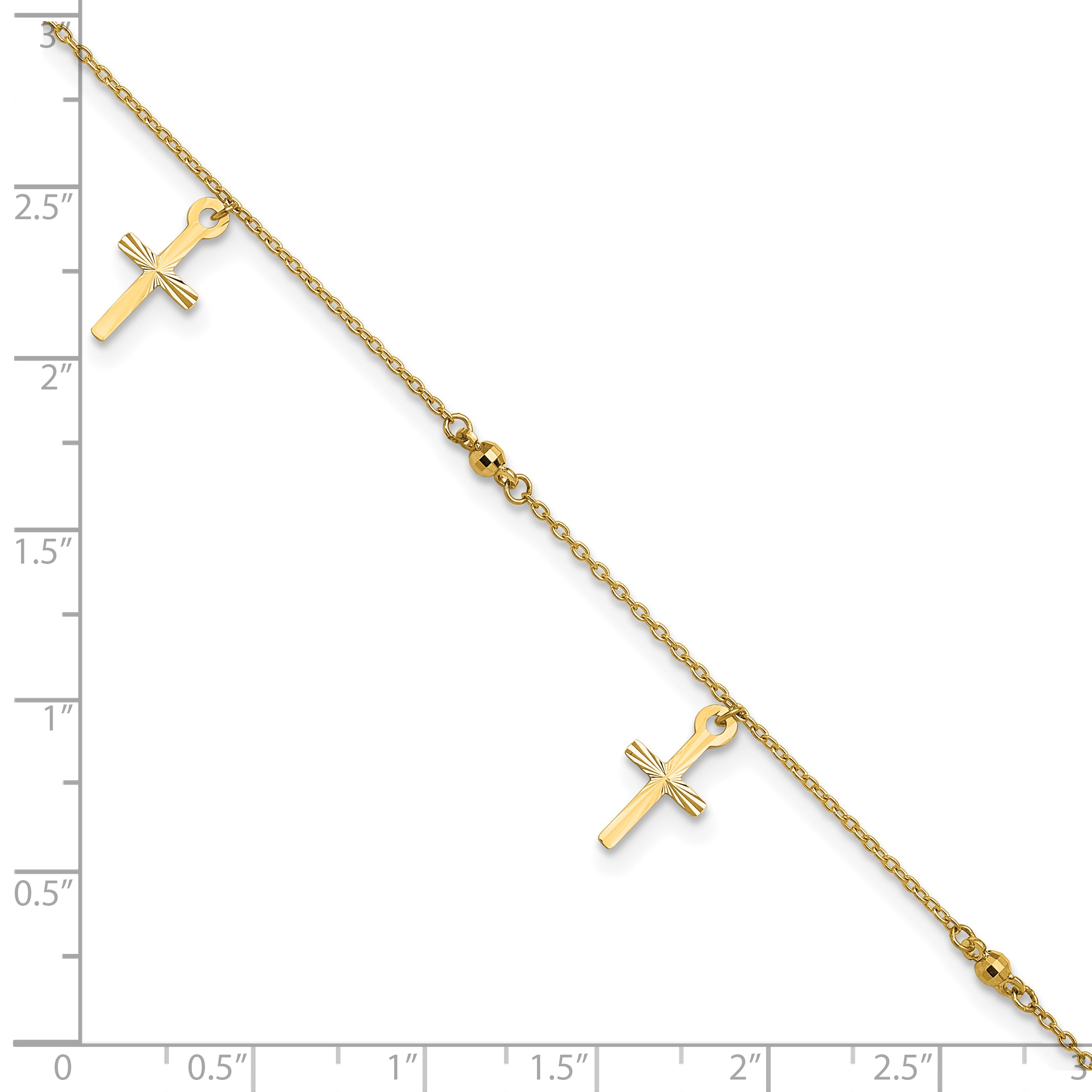 14k Diamond-cut 3 Cross Dangles and Beads 9 inch Plus 1 inch Extender - Total 10 inch Anklet - Sophia Jewelers